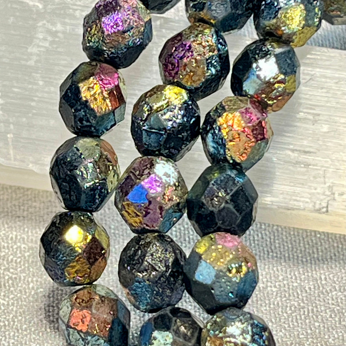 Czech Glass matte textured Jet Black Rainbow AB Fire Polished round 8mm bead stretch bracelet