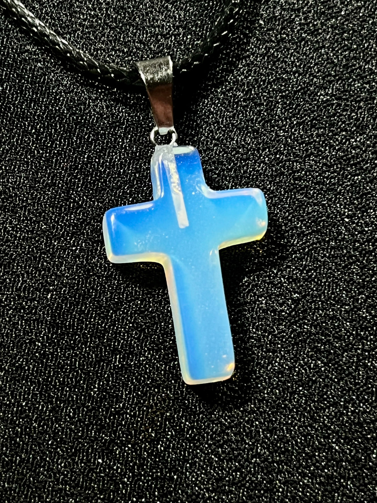 Christian gemstone cross adjustable necklaces w/ 19 1/2” black waxed necklace cord - Howlite, Carnelian Agate, Tiger’s Eye, Rose Quartz, Opalite, Unakite, and Clear Crystal Quartz