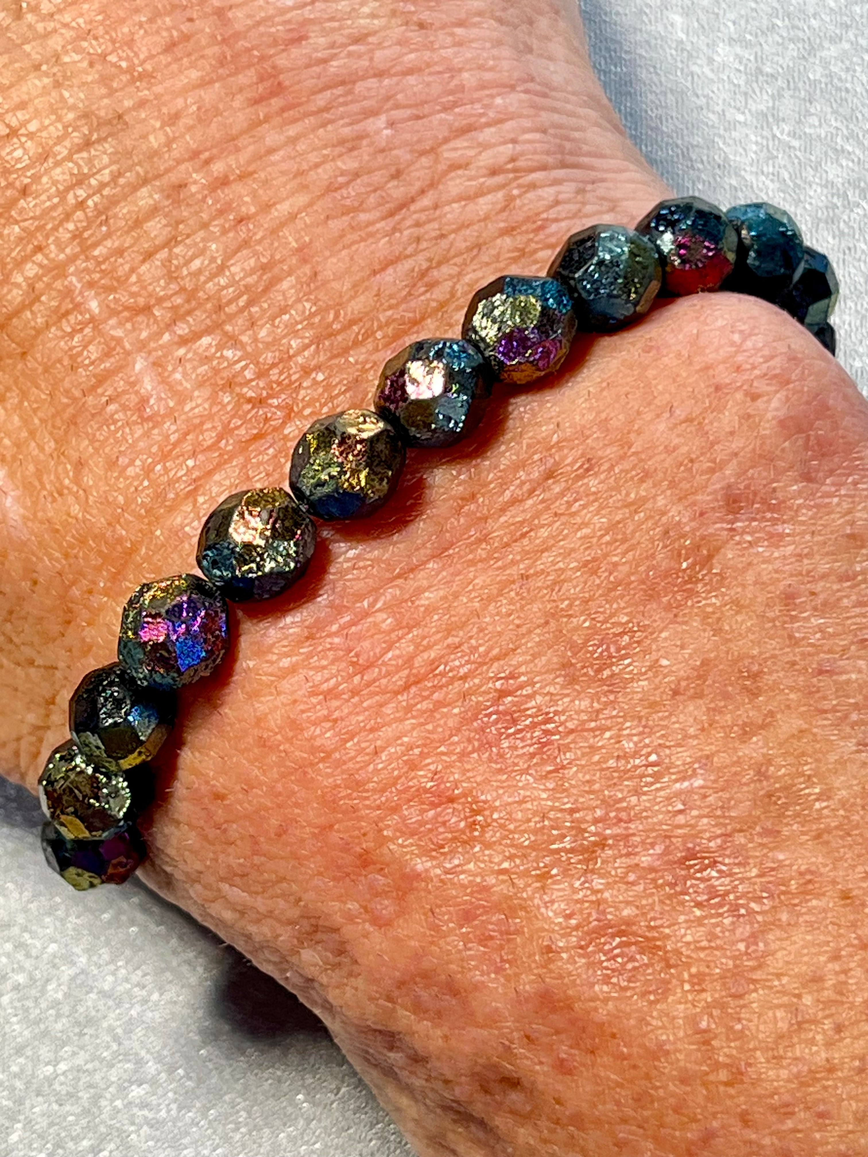 Czech Glass matte textured Jet Black Rainbow AB Fire Polished round 8mm bead stretch bracelet