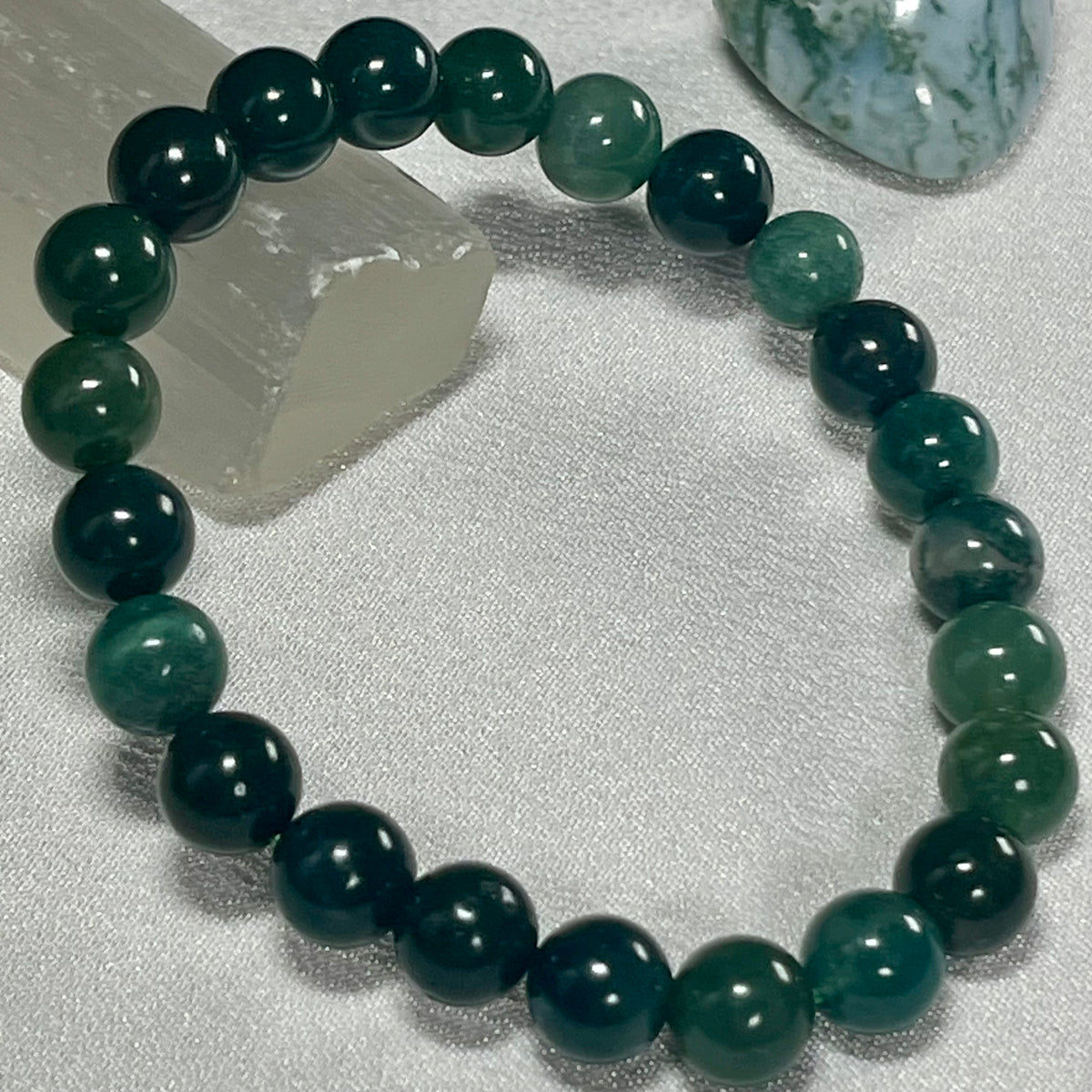 Moss Agate smooth round 4mm, 6.5mm and 8.5mm bead stretch bracelet