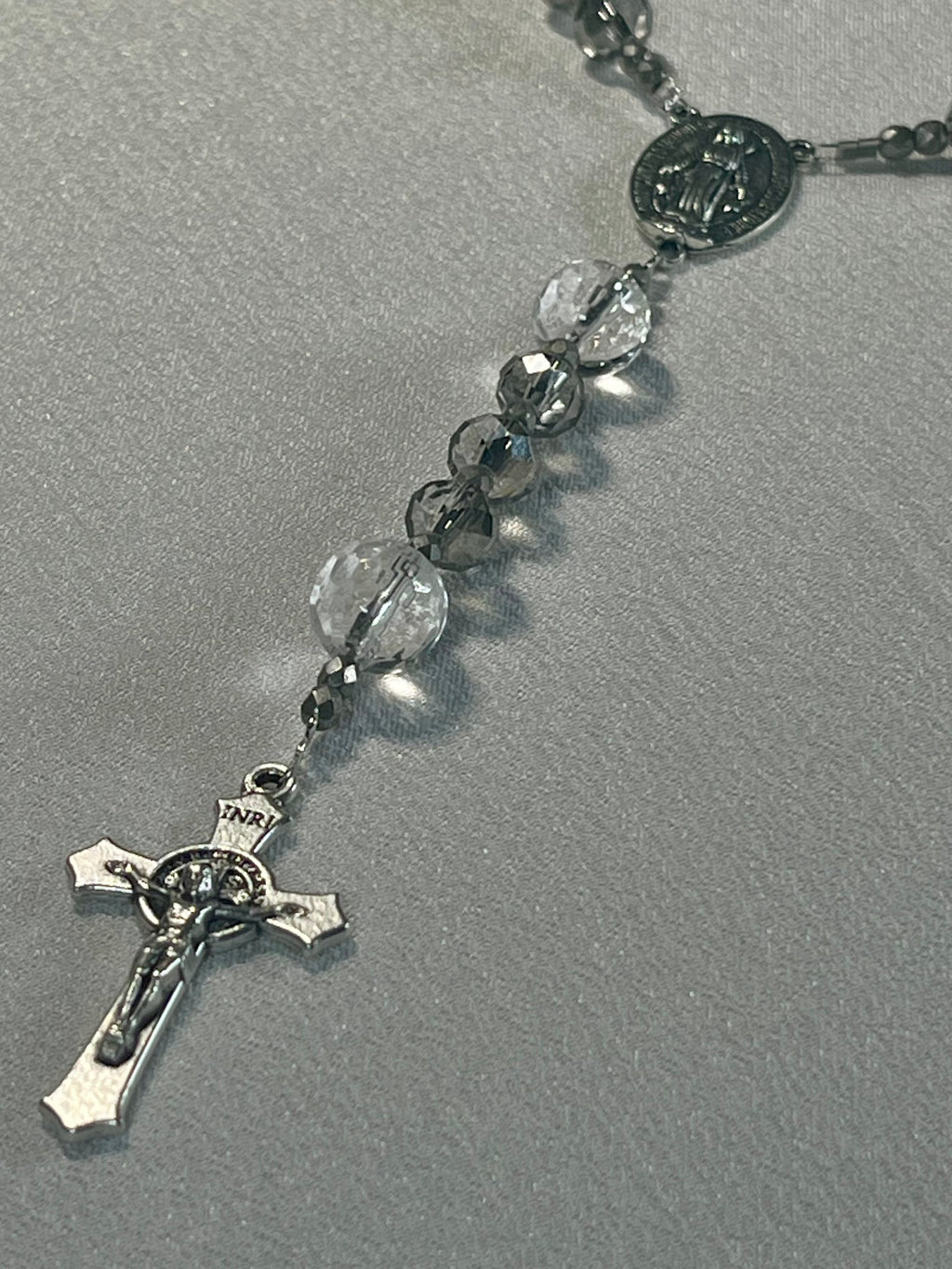 Catholic Rosary - Czech Glass Silver Champagne faceted 8mm rondelles Hail Mary beads w/ Clear Crystal Quartz 10mm Our Father beads