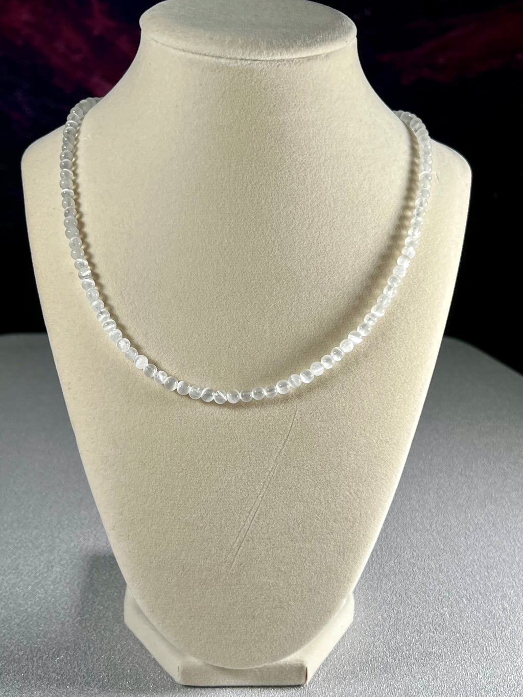 Selenite smooth round 4mm bead silver clasp & extension chain 22” adjustable necklace