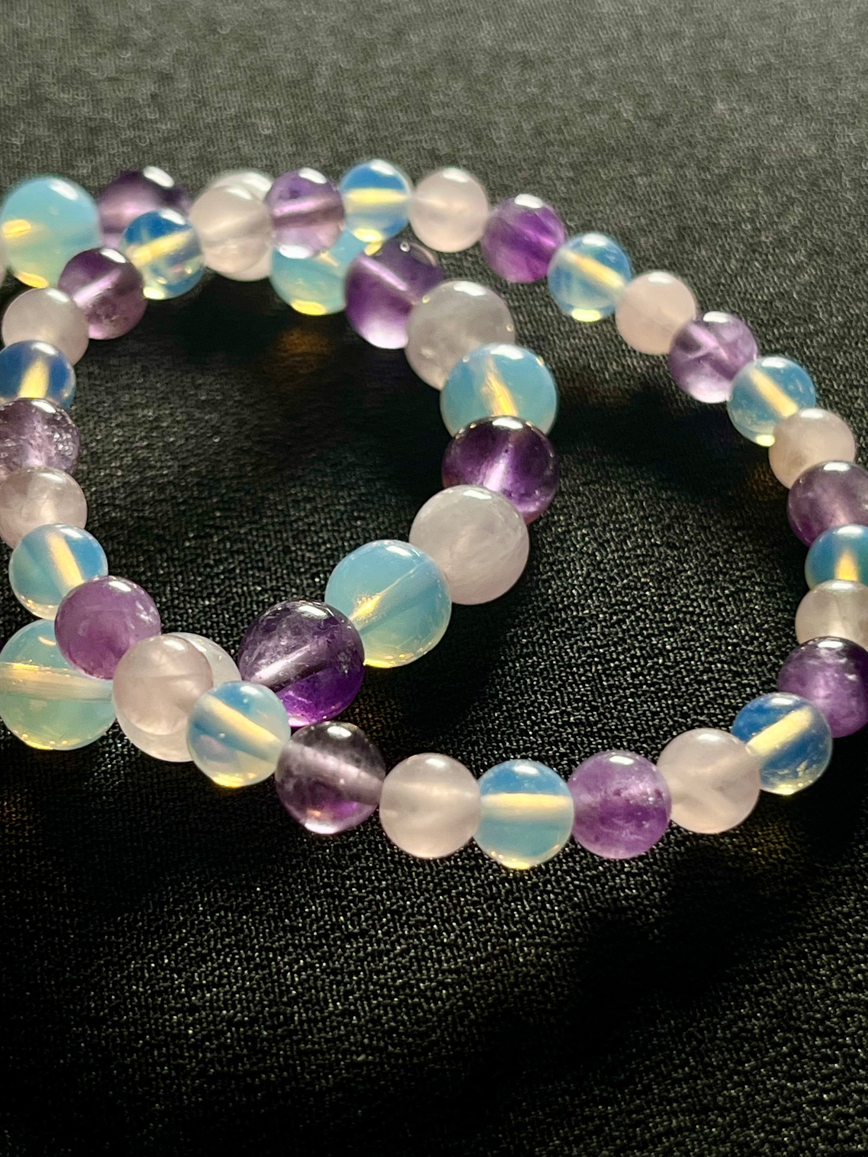 Rose Quartz, Amethyst, Opalite smooth round 6mm and 8mm bead stretch bracelet