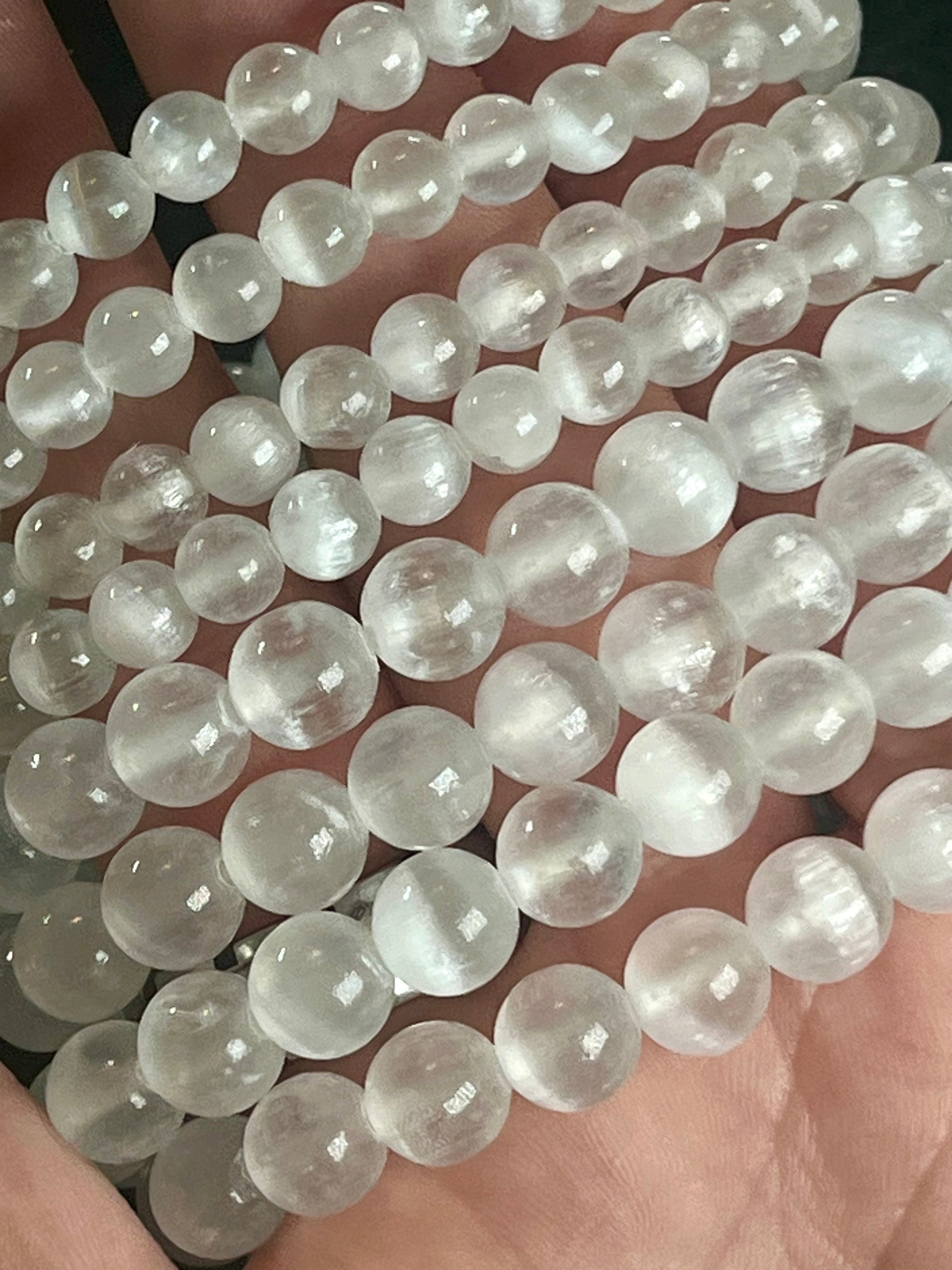Satin Spar Selenite smooth round 6mm, 8mm bead stretch bracelet (premium grade)