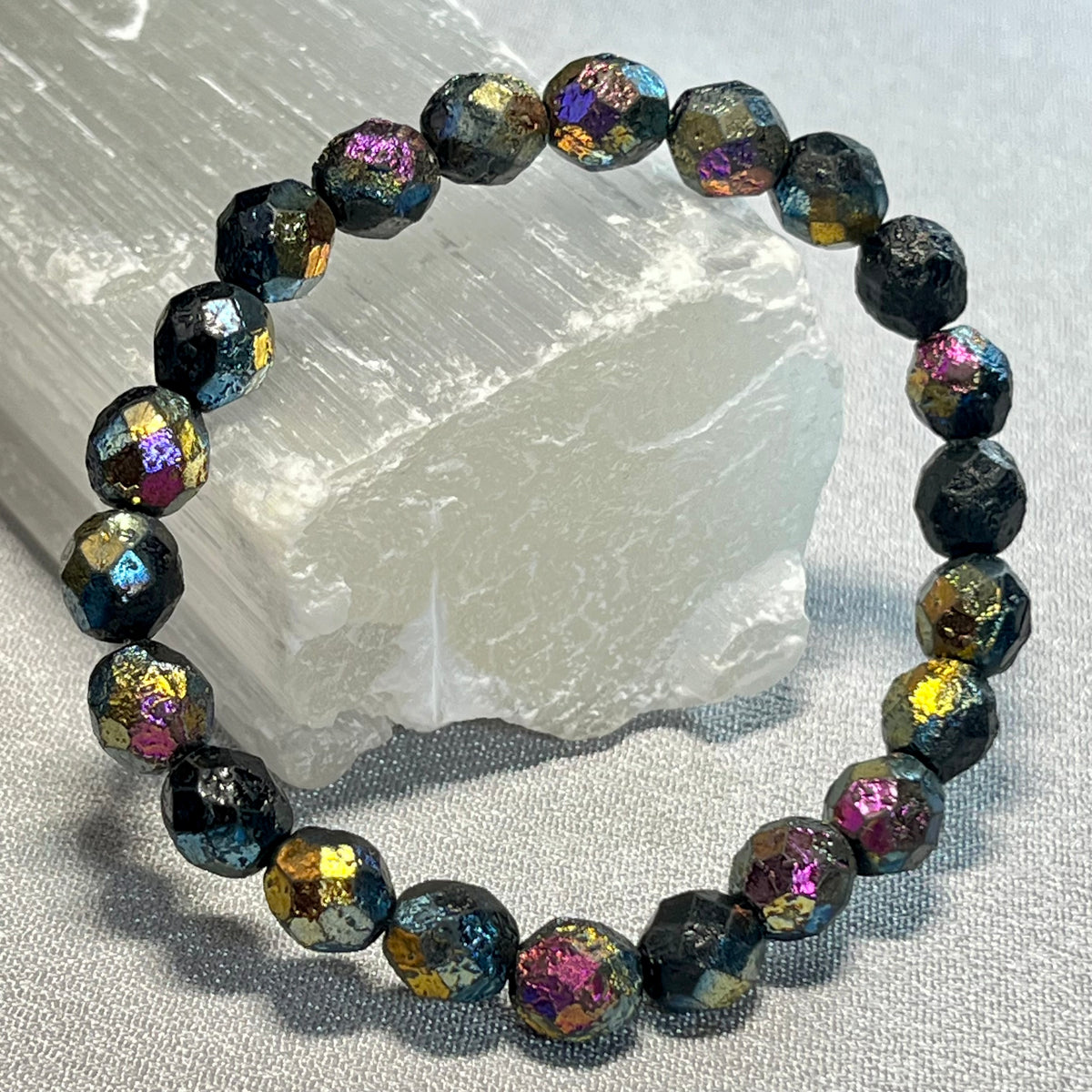 Czech Glass matte textured Jet Black Rainbow AB Fire Polished round 8mm bead stretch bracelet