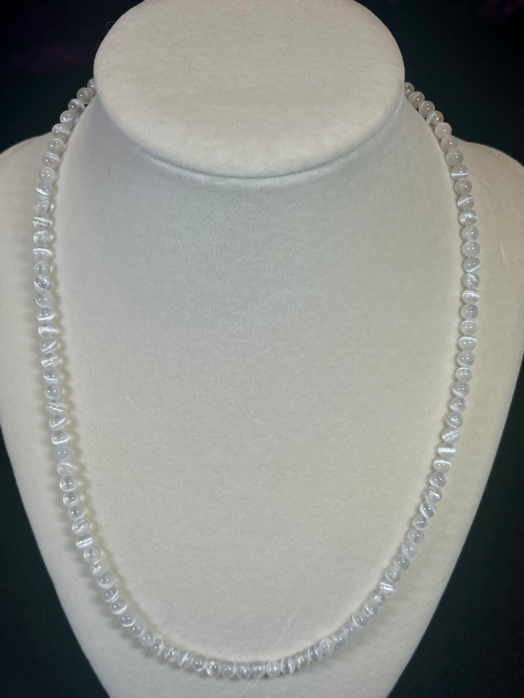Selenite smooth round 4mm bead silver clasp necklace (premium grade)