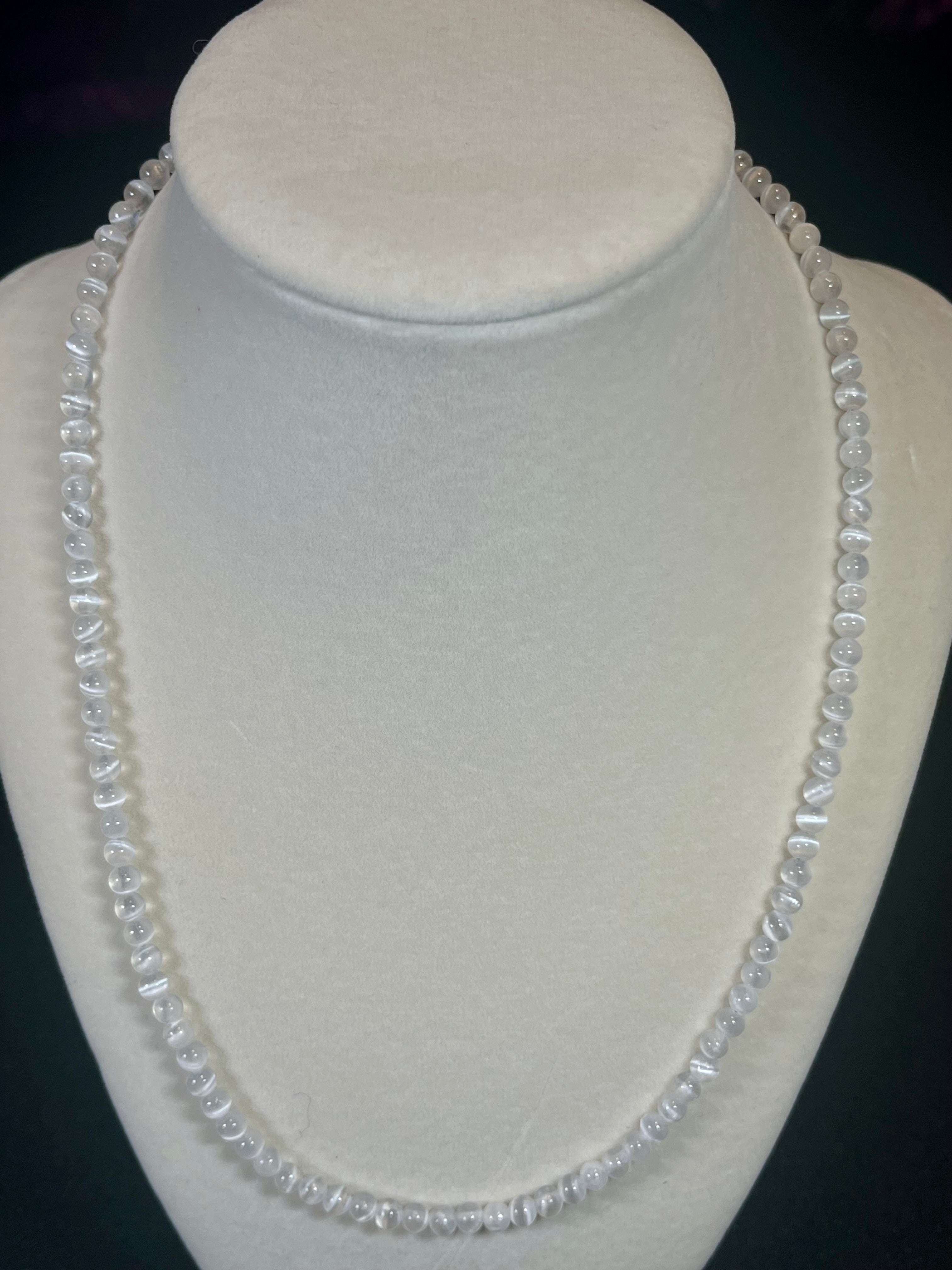 Selenite smooth round 4mm bead silver clasp necklace (premium grade)