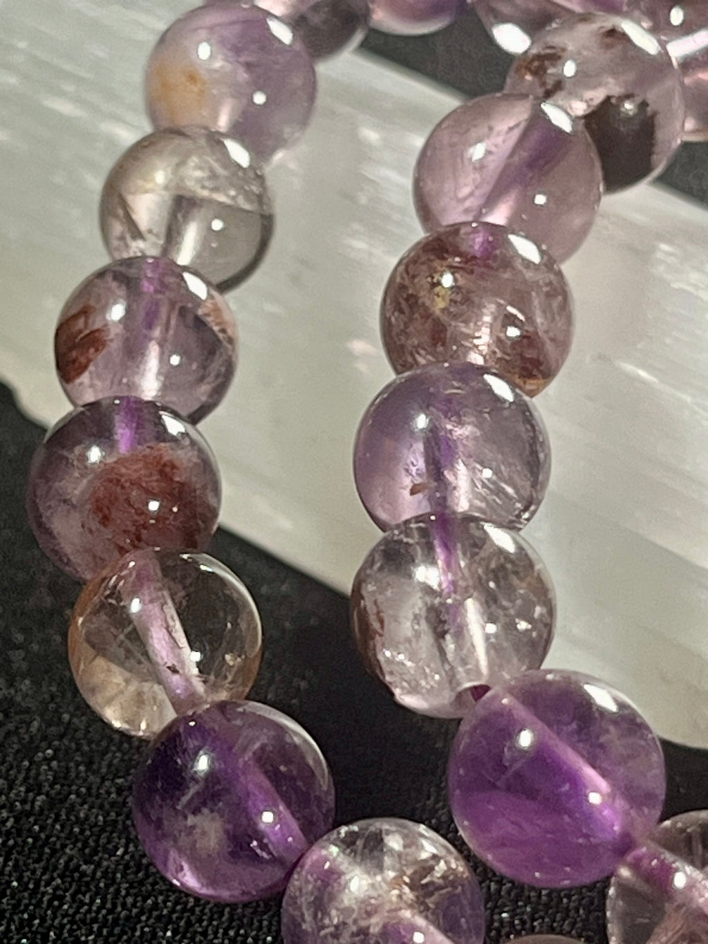 Purple Ghost Quartz (Phantom Quartz) smooth round 8mm bead stretch bracelet