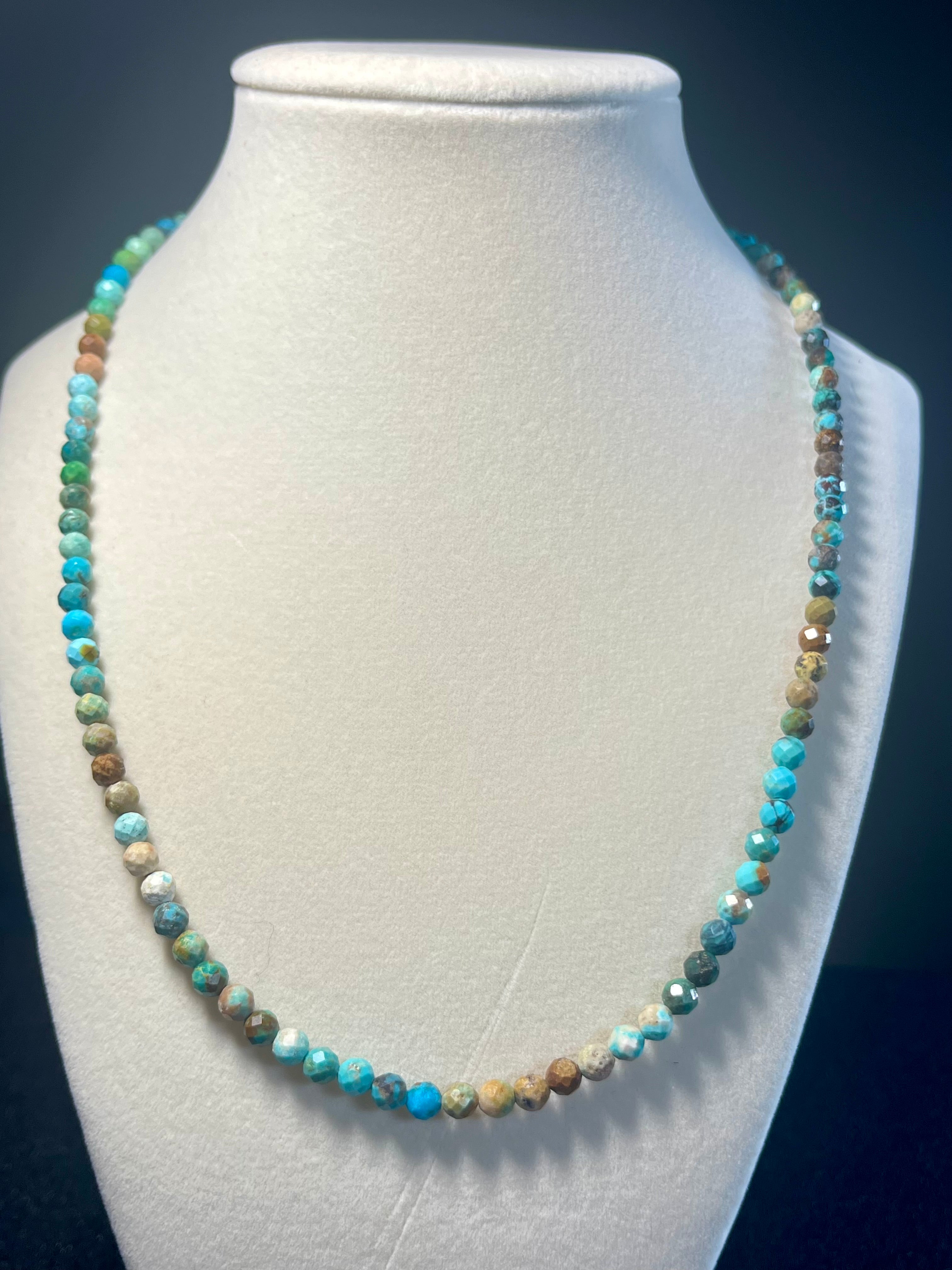 Turquoise gradient color style faceted round 5mm bead silver clasp necklace; December birthstone