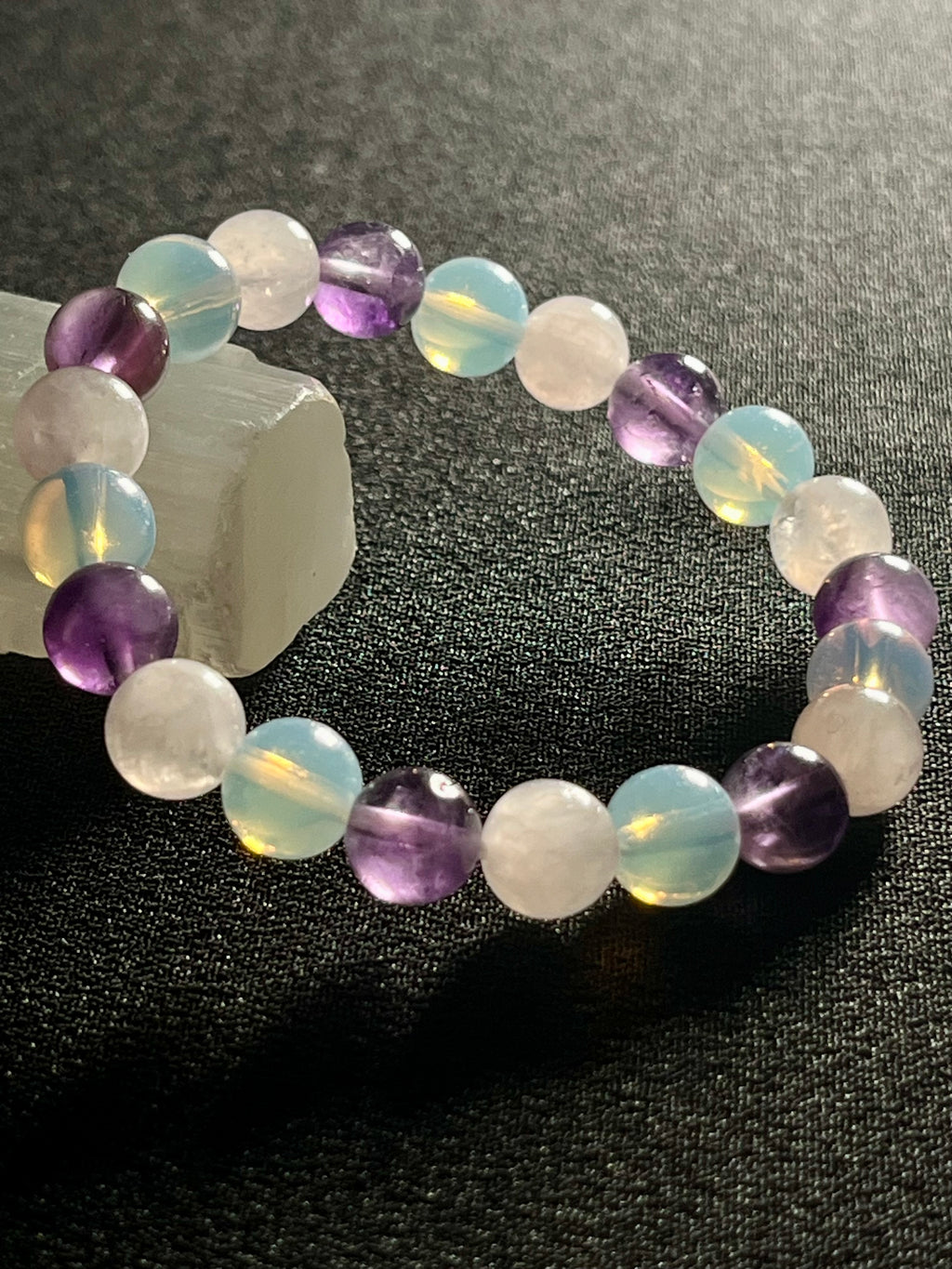 Rose Quartz, Amethyst, Opalite smooth round 6mm and 8mm bead stretch bracelet