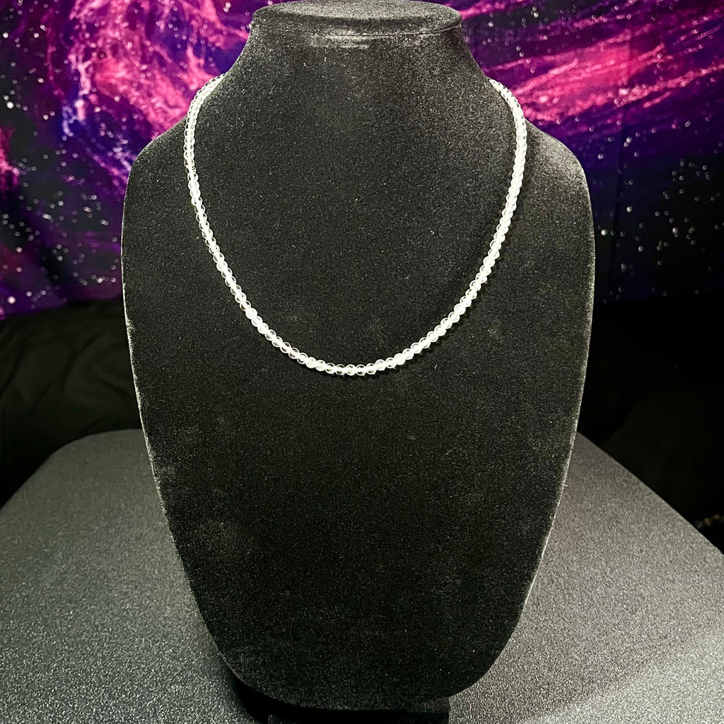 Clear Crystal Quartz smooth round 4mm bead 21” adjustable necklace w/ 18k gold clasp & extension chain; April birthstone (premium grade)