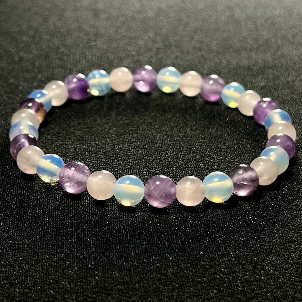 Rose Quartz, Amethyst, Opalite smooth round 6mm and 8mm bead stretch bracelet