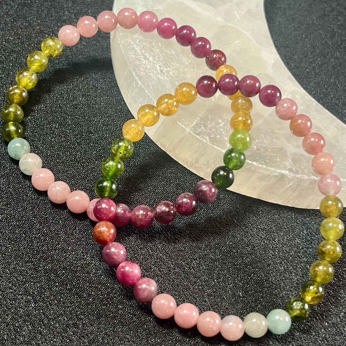 High-quality Multi-Tourmaline ombre-style smooth round 6mm bead stretch bracelet