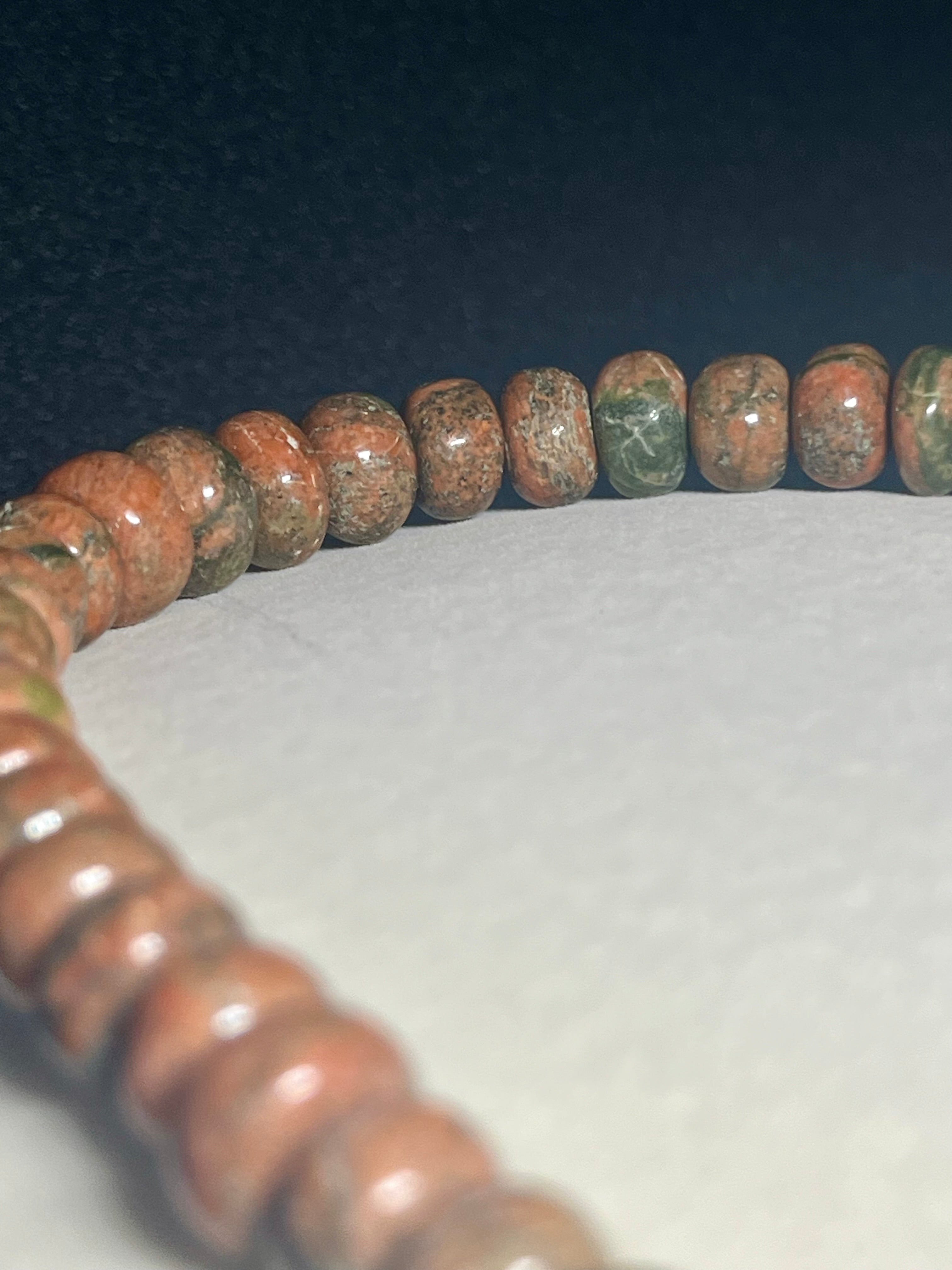 Unakite 5x6-6-9mm irregular rondelle bead silver clasp necklace