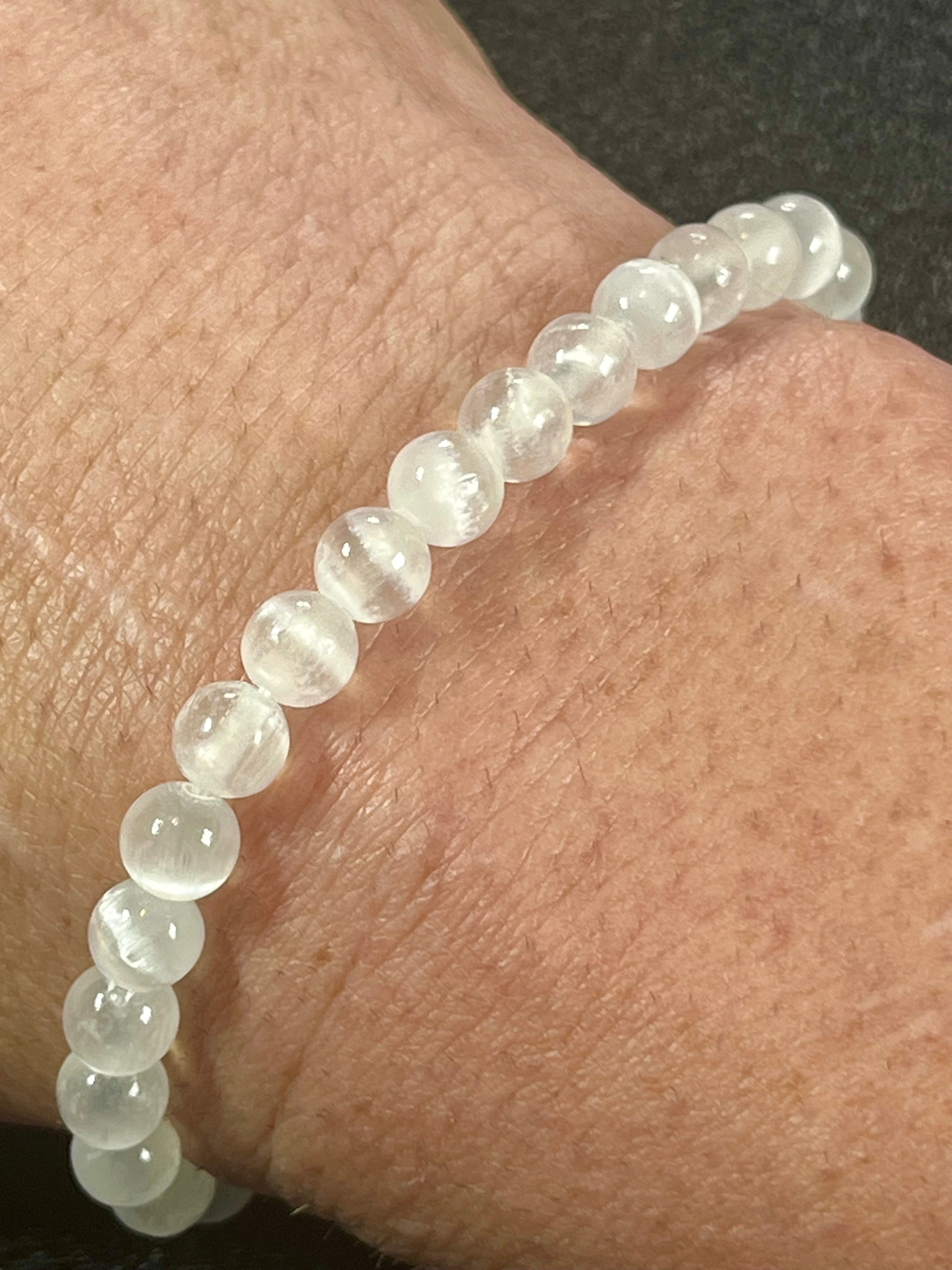 Satin Spar Selenite smooth round 6mm, 8mm bead stretch bracelet (premium grade)