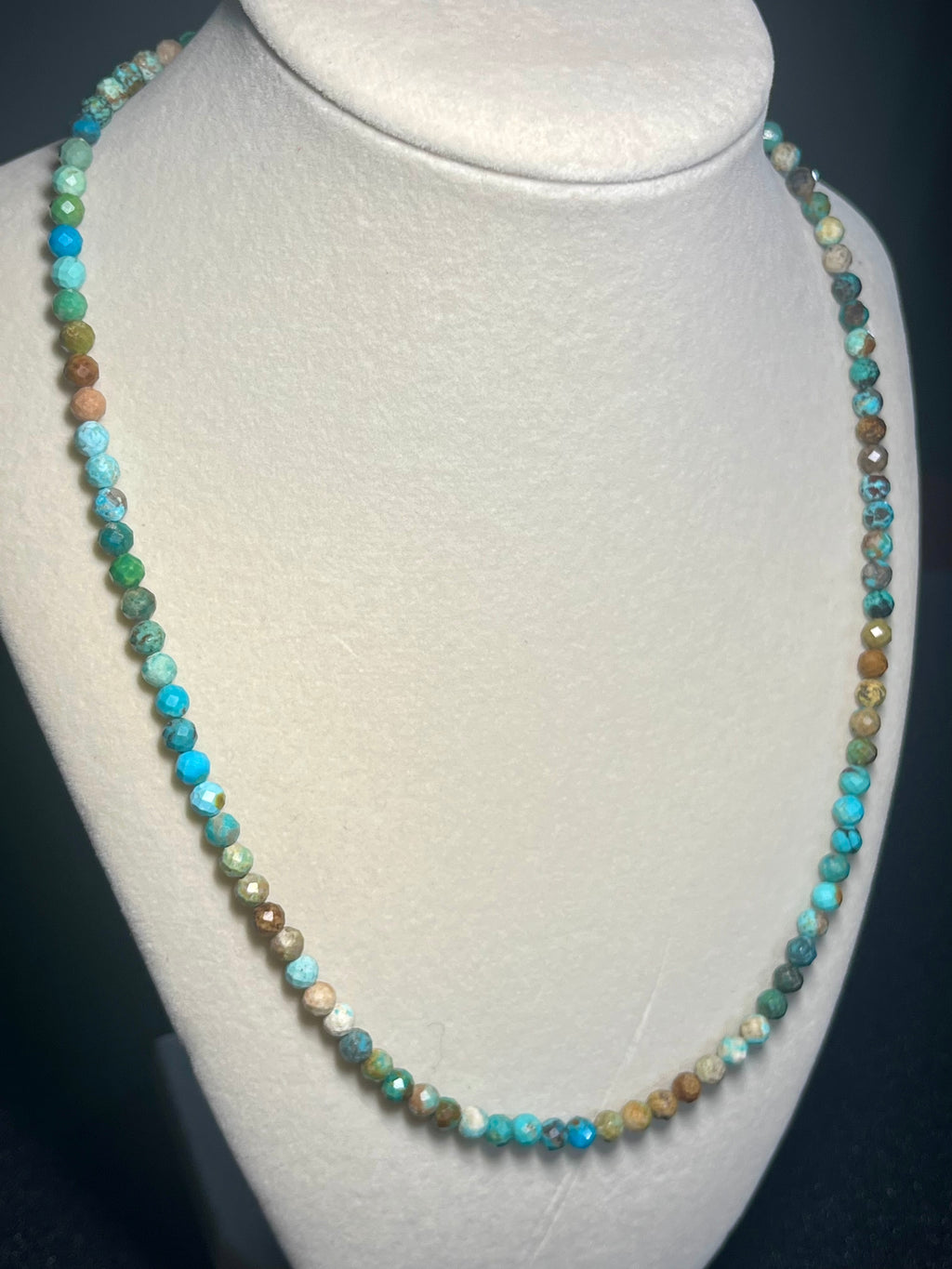 Turquoise gradient color style faceted round 5mm bead silver clasp necklace; December birthstone
