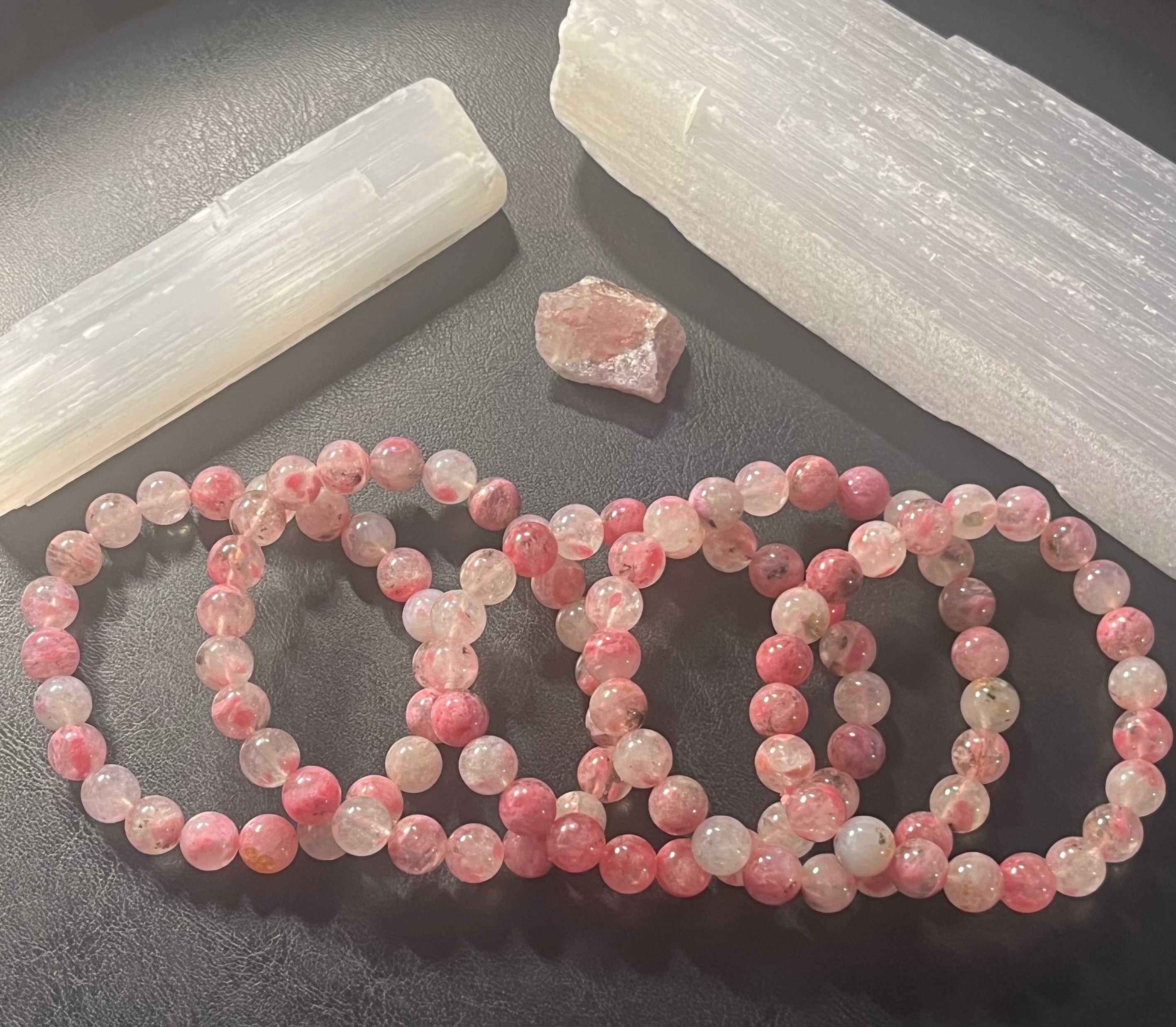 Flower Rhodonite smooth round 8mm bead stretch bracelet (premium)