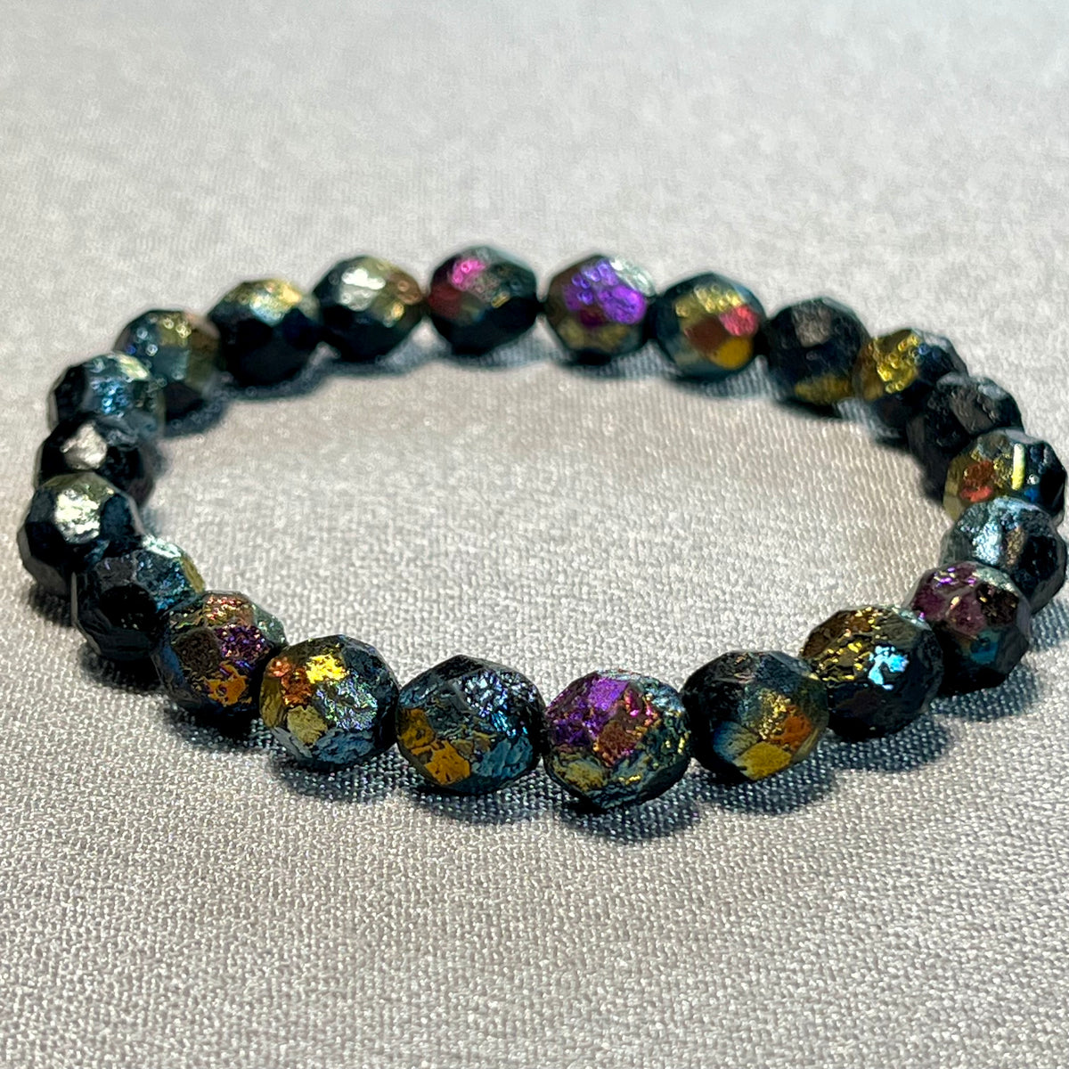 Czech Glass matte textured Jet Black Rainbow AB Fire Polished round 8mm bead stretch bracelet