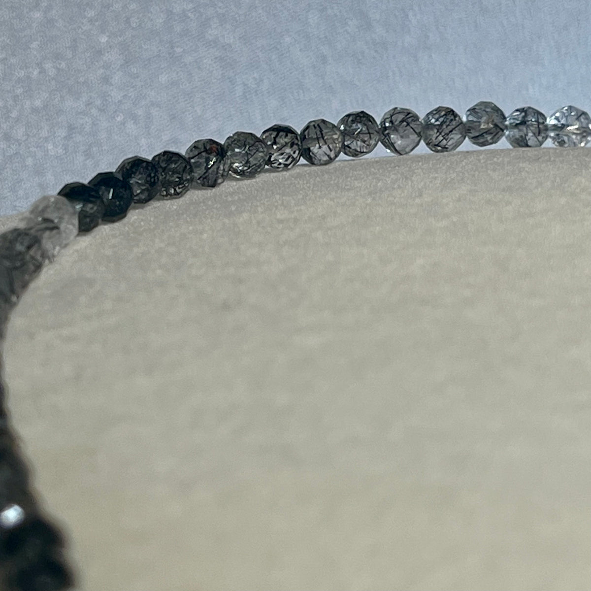 Black Tourmalated Quartz gradient color microfaceted round 4.5mm bead 22” adjustable necklace w/ silver clasp & chain