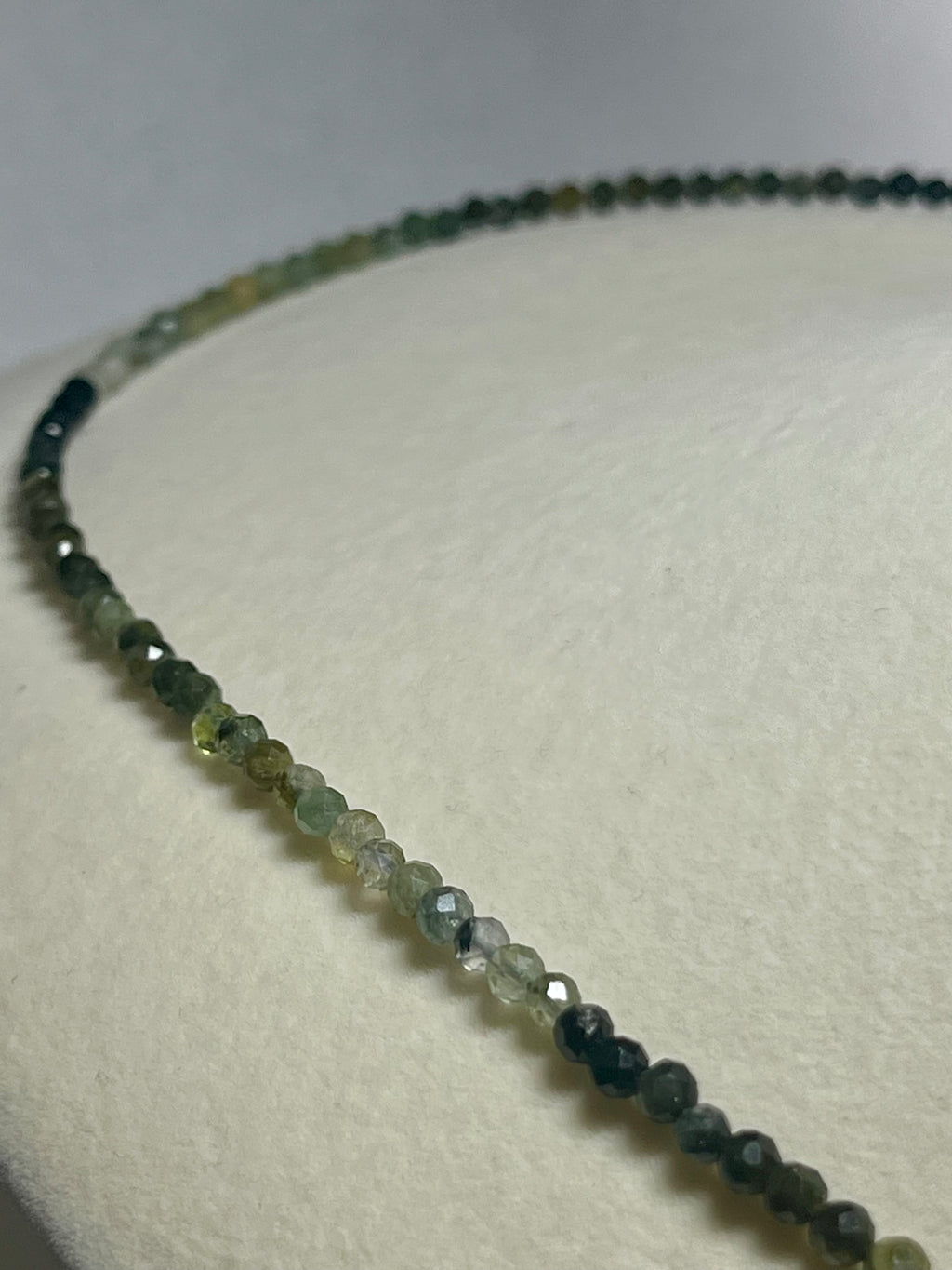Green Tourmaline ombre-style microfaceted 3mm bead silver clasp adjustable necklace; October birthstone (Tourmaline)