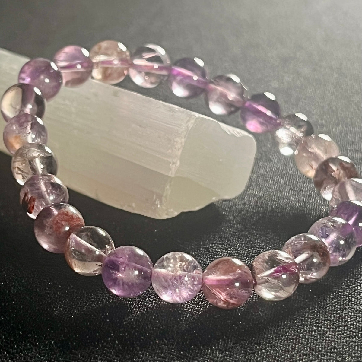 Purple Ghost Quartz (Phantom Quartz) smooth round 8mm bead stretch bracelet
