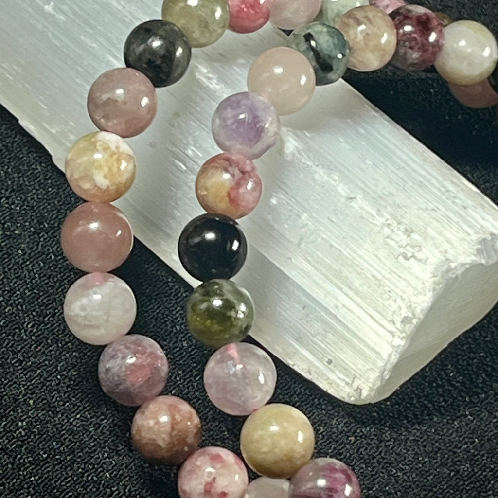 Tourmaline smooth round 6mm bead stretch bracelet; October birthstone