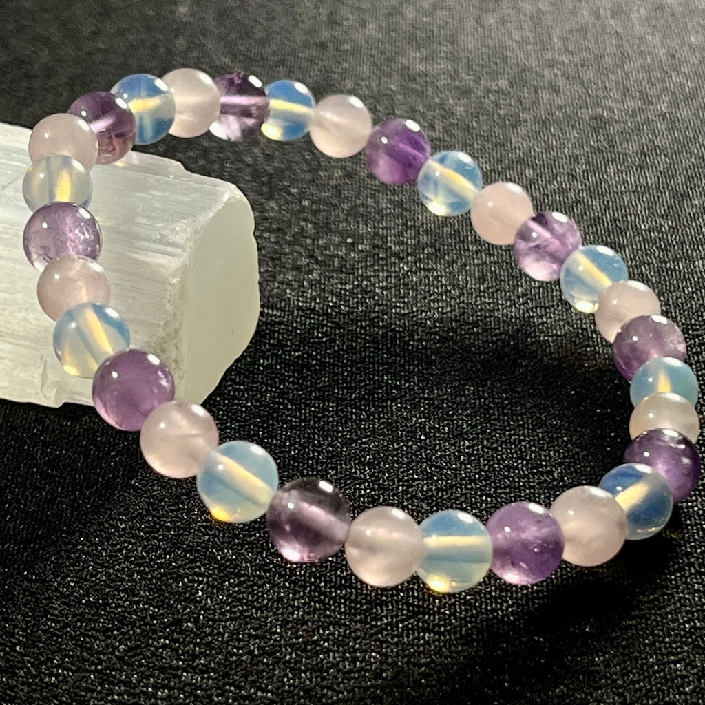 Rose Quartz, Amethyst, Opalite smooth round 6mm and 8mm bead stretch bracelet