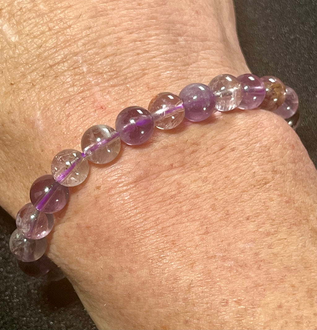 Purple Ghost Quartz (Phantom Quartz) smooth round 8mm bead stretch bracelet