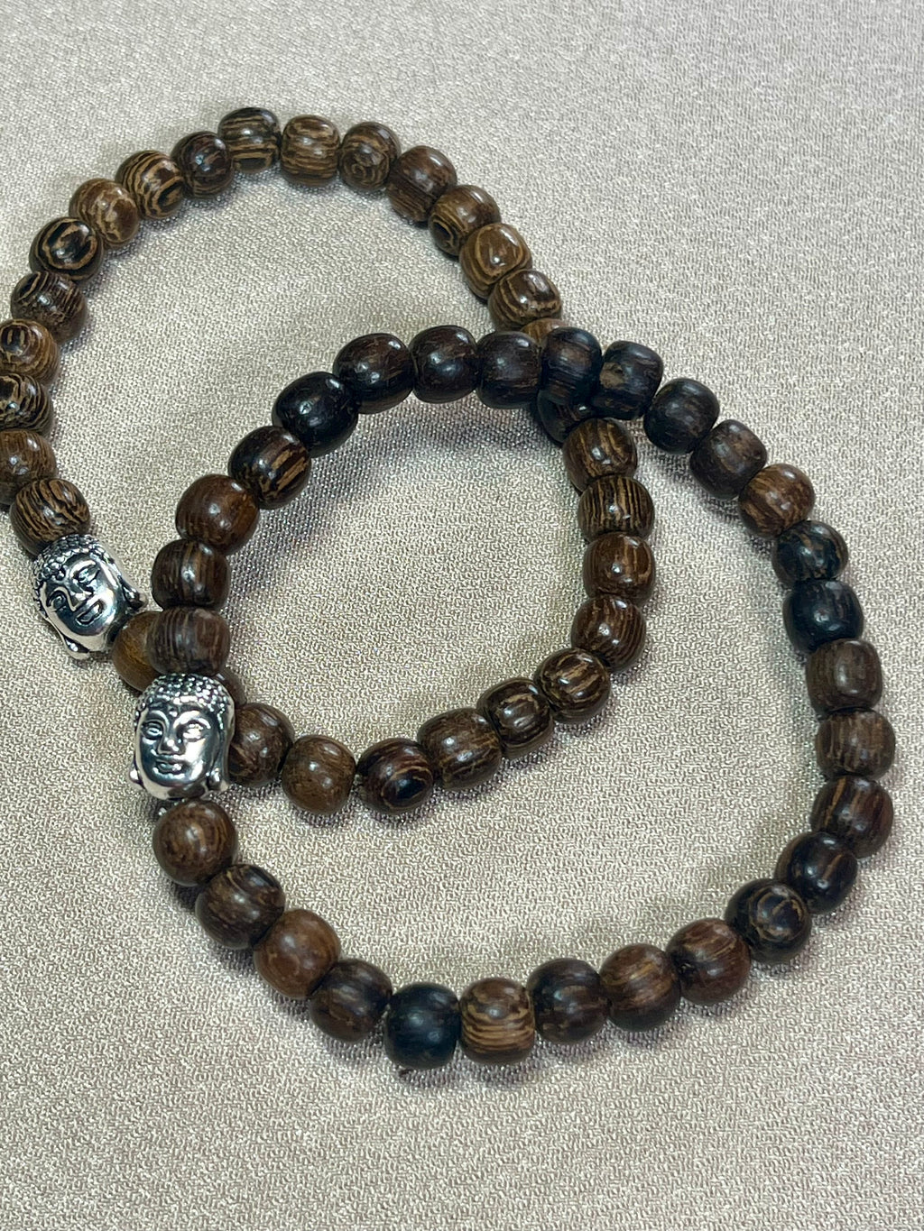 Philippines Robles Wood round 6mm bead stretch bracelet w/ silver Buddha focal