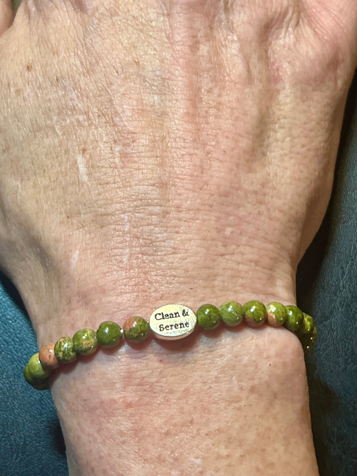 Recovery themed bracelets - Unakite smooth round 6mm bead stretch bracelets w/ focal bead Clean & Serene (silver), Gratitude (silver), Just For Today (gold), NA symbol (silver)
