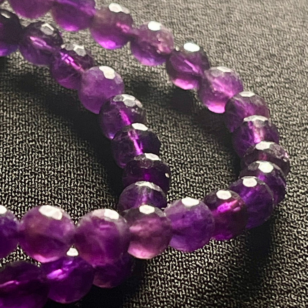 Amethyst (dark) faceted round 6mm bead stretch bracelet w/4mm microfaceted Clear Quartz spacer