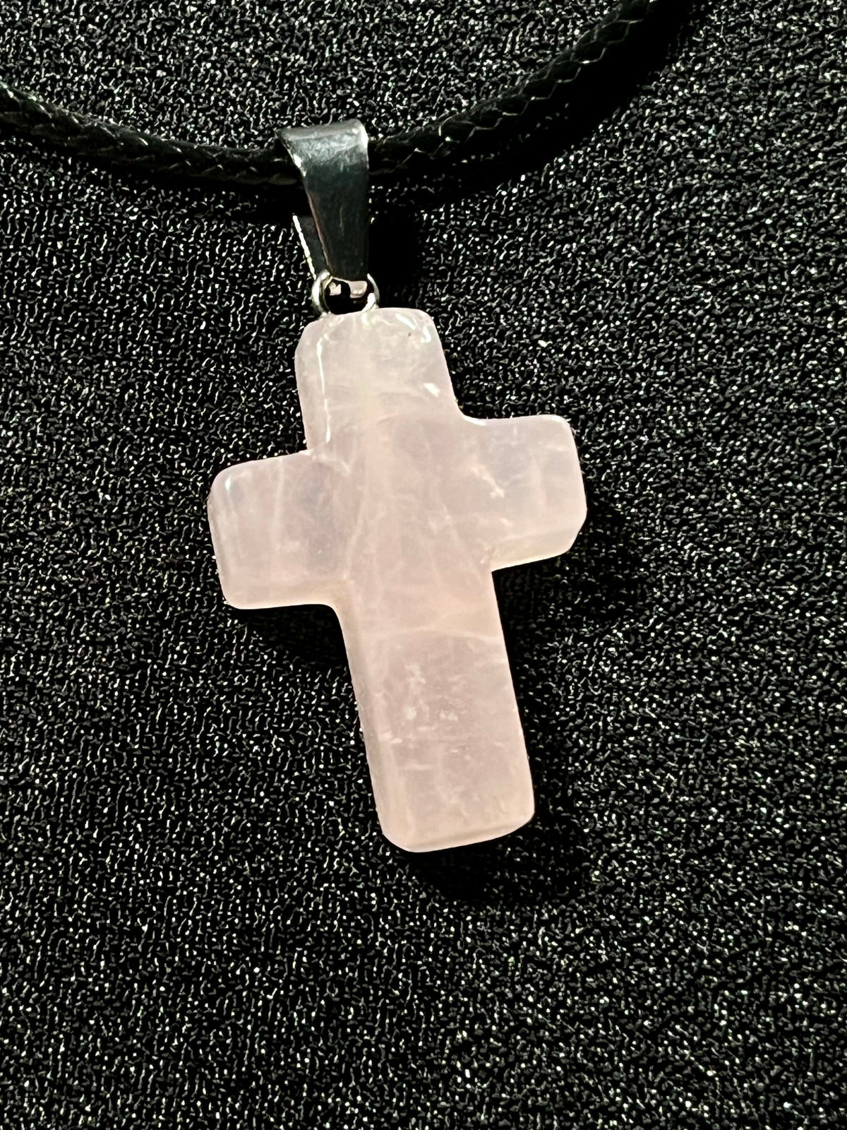Christian gemstone cross adjustable necklaces w/ 19 1/2” black waxed necklace cord - Howlite, Carnelian Agate, Tiger’s Eye, Rose Quartz, Opalite, Unakite, and Clear Crystal Quartz