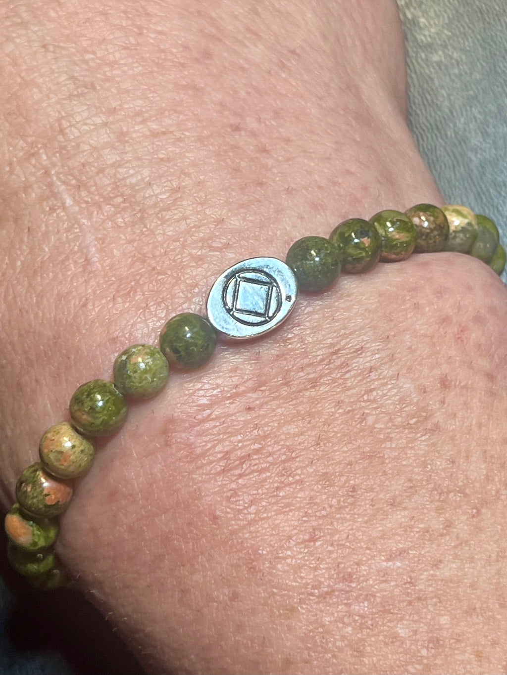 Recovery themed bracelets - Unakite smooth round 6mm bead stretch bracelets w/ focal bead Clean & Serene (silver), Gratitude (silver), Just For Today (gold), NA symbol (silver)