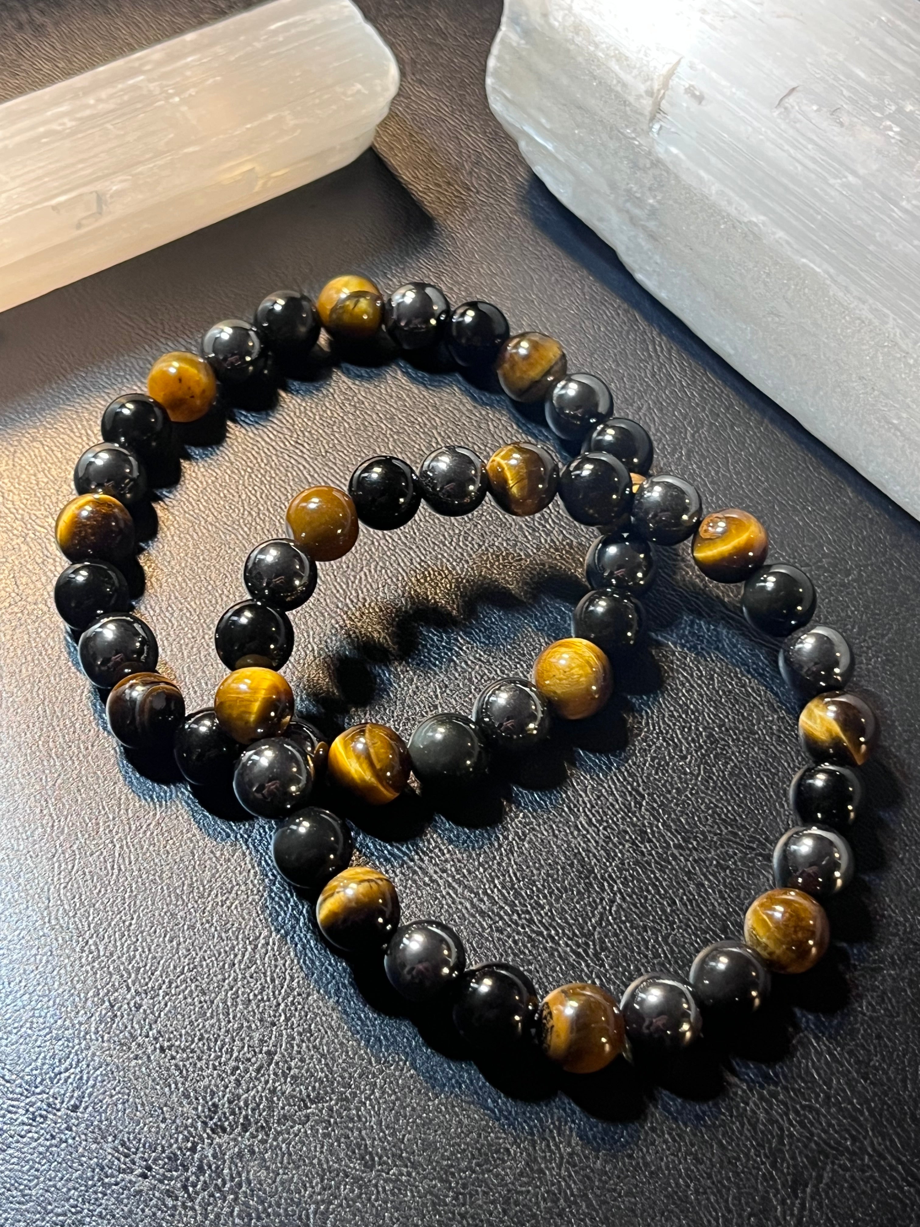 Tiger’s Eye-Hematite-Black Obsidian smooth round 8mm bead stretch bracelet.