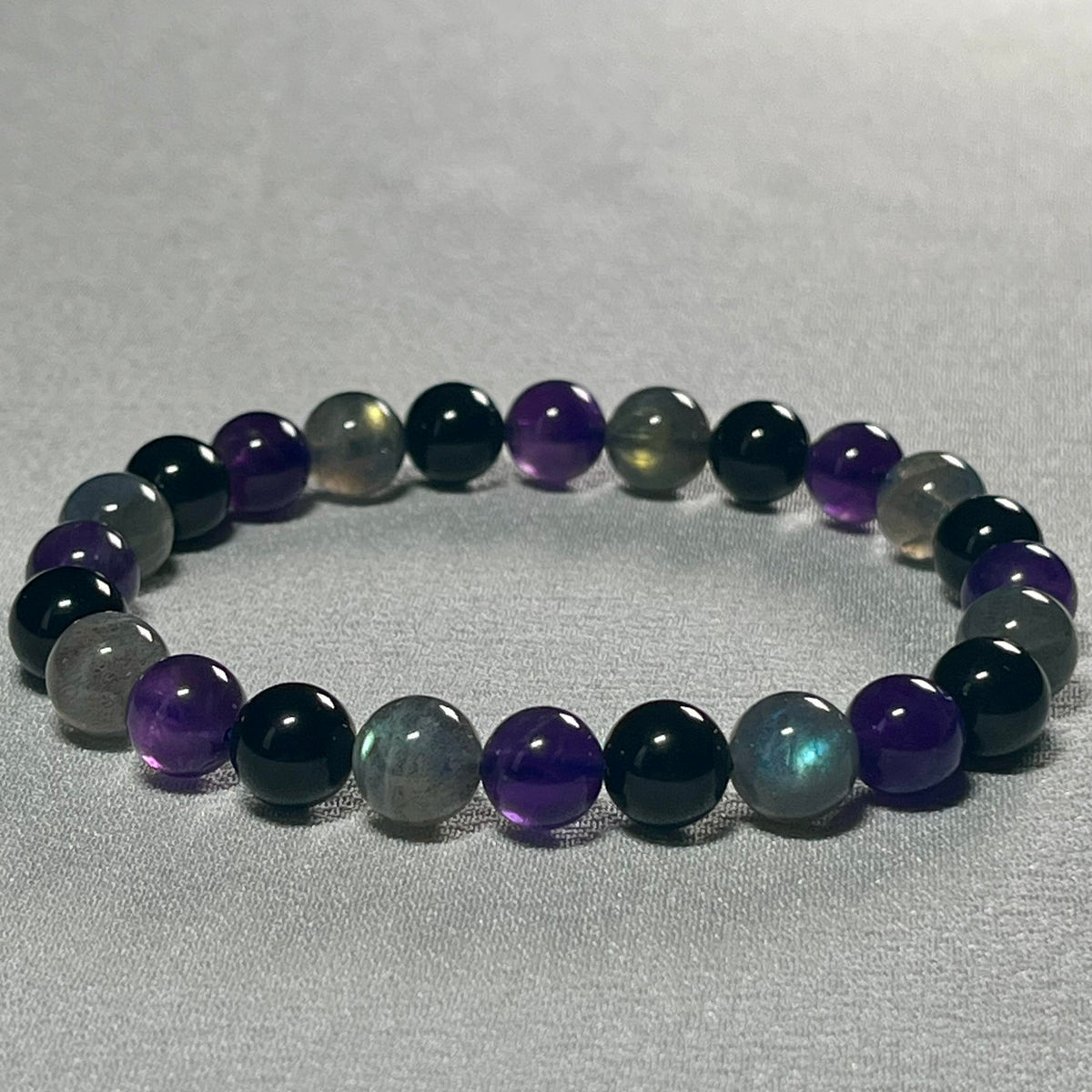 Amethyst-Black Tourmaline-Grey Labradorite smooth round 8mm bead bracelet