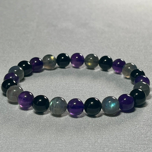Amethyst-Black Tourmaline-Grey Labradorite smooth round 8mm bead bracelet
