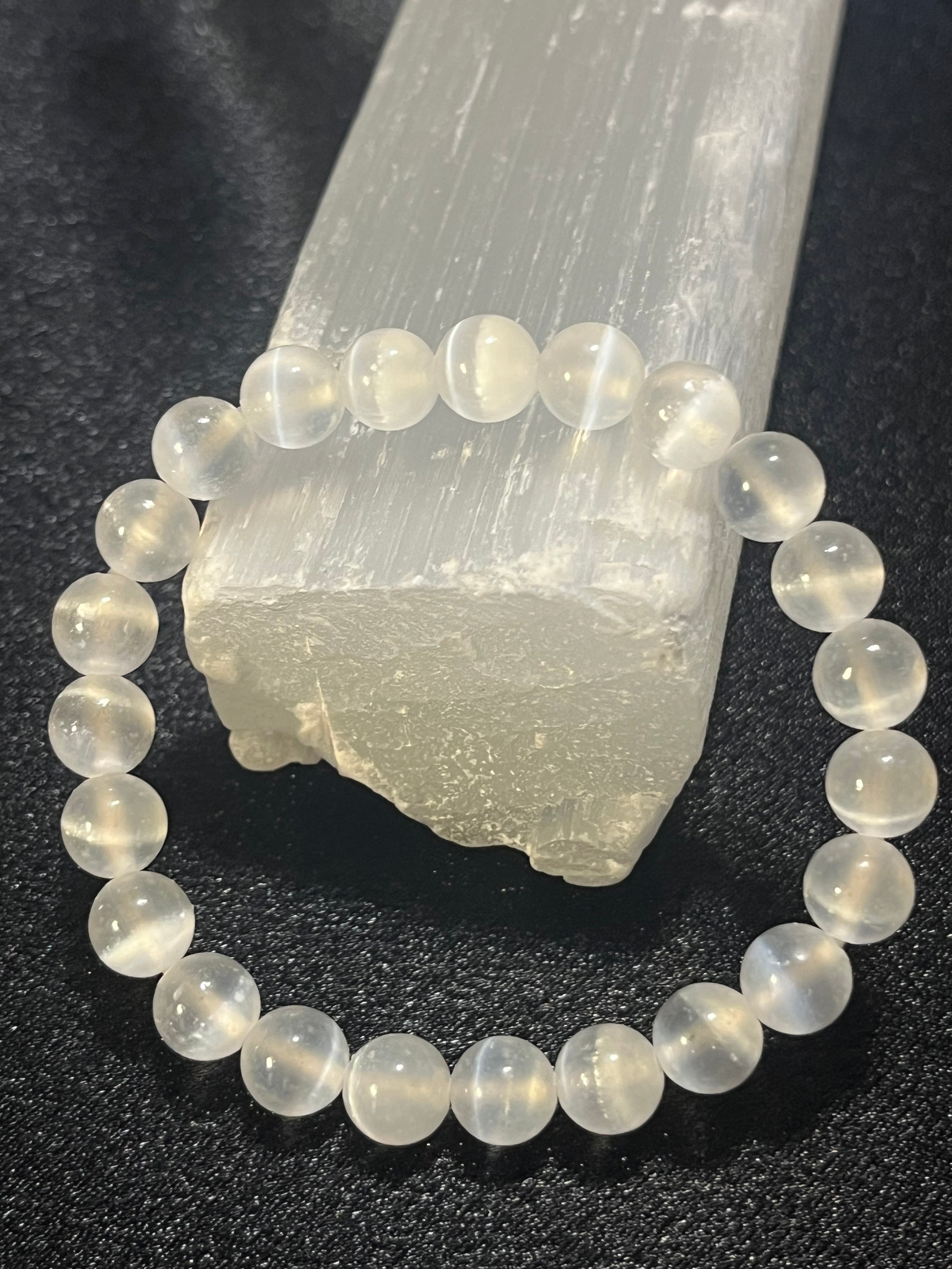 Selenite smooth round 8mm bead stretch bracelet (premium grade)