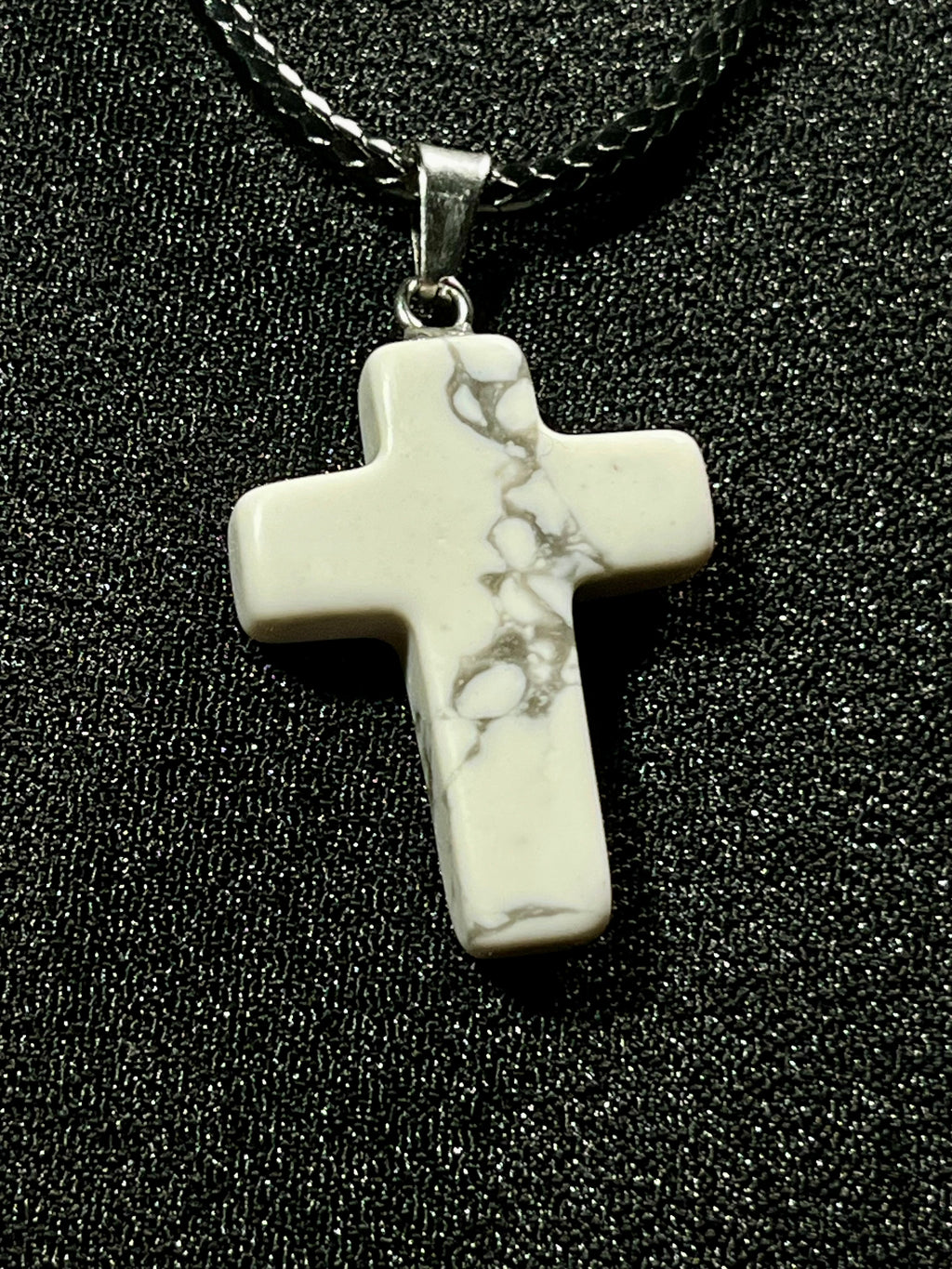 Christian gemstone cross adjustable necklaces w/ 19 1/2” black waxed necklace cord - Howlite, Carnelian Agate, Tiger’s Eye, Rose Quartz, Opalite, Unakite, and Clear Crystal Quartz