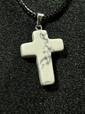 Christian gemstone cross adjustable necklaces w/ 19 1/2” black waxed necklace cord - Howlite, Carnelian Agate, Tiger’s Eye, Rose Quartz, Opalite, Unakite, and Clear Crystal Quartz