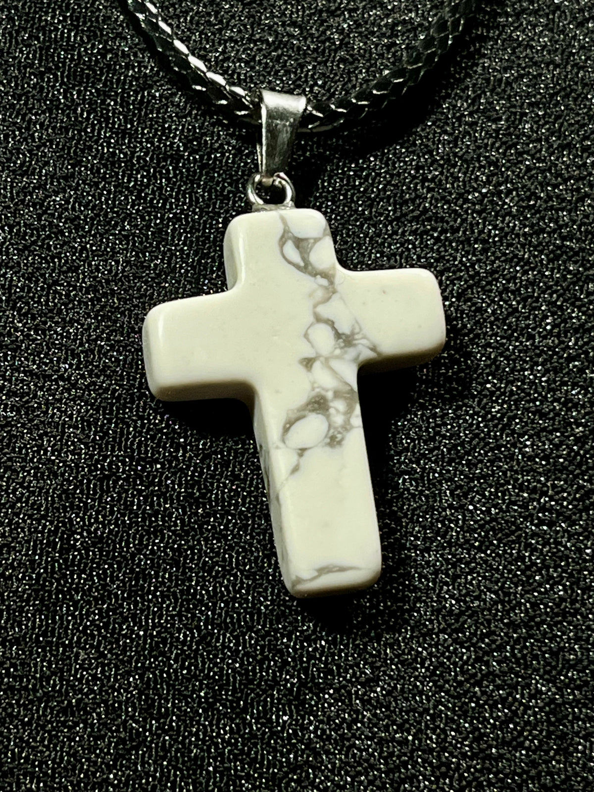 Christian gemstone cross adjustable necklaces w/ 19 1/2” black waxed necklace cord - Howlite, Carnelian Agate, Tiger’s Eye, Rose Quartz, Opalite, Unakite, and Clear Crystal Quartz