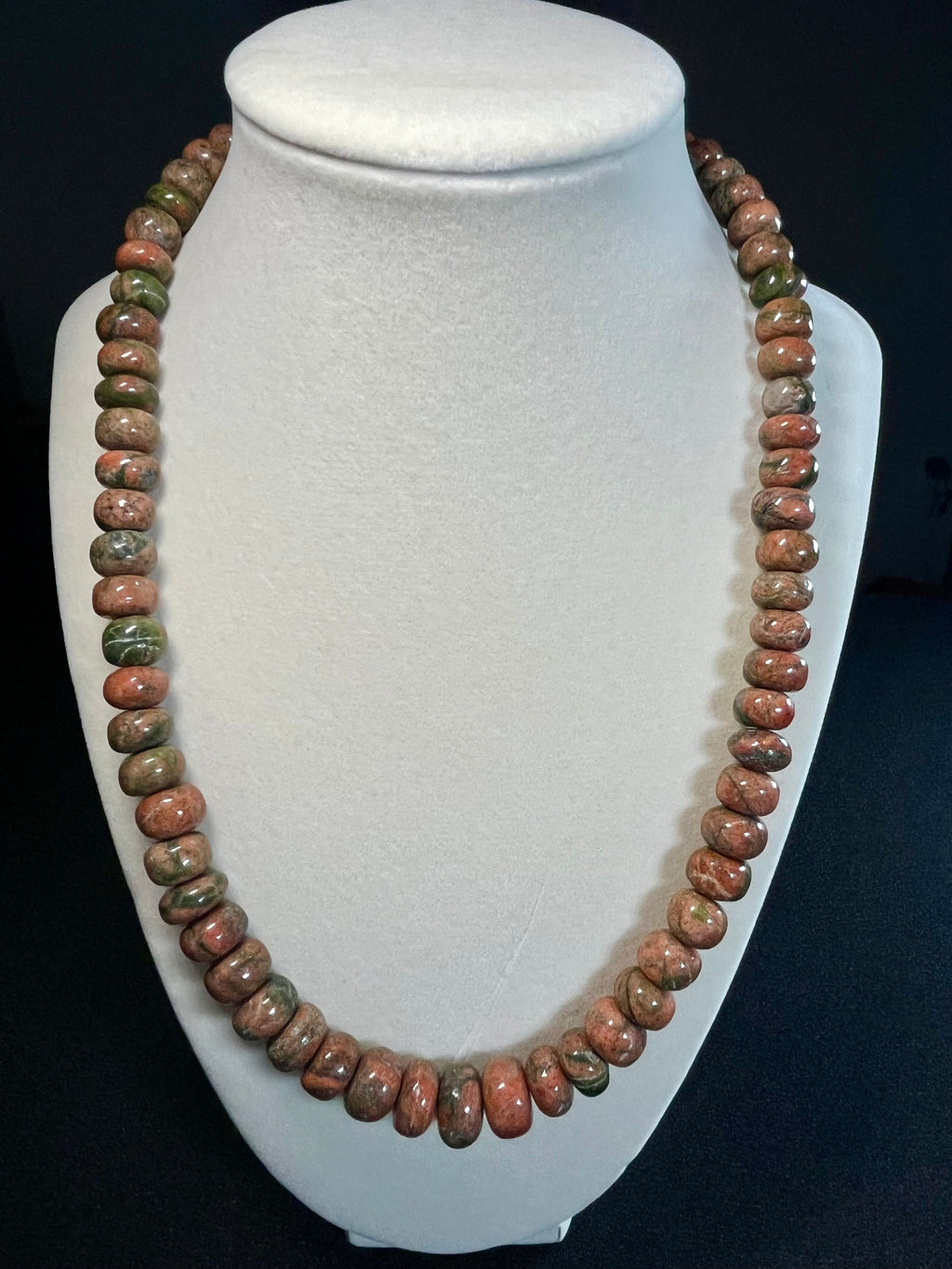 Unakite 5x6-6-9mm irregular rondelle bead silver clasp necklace