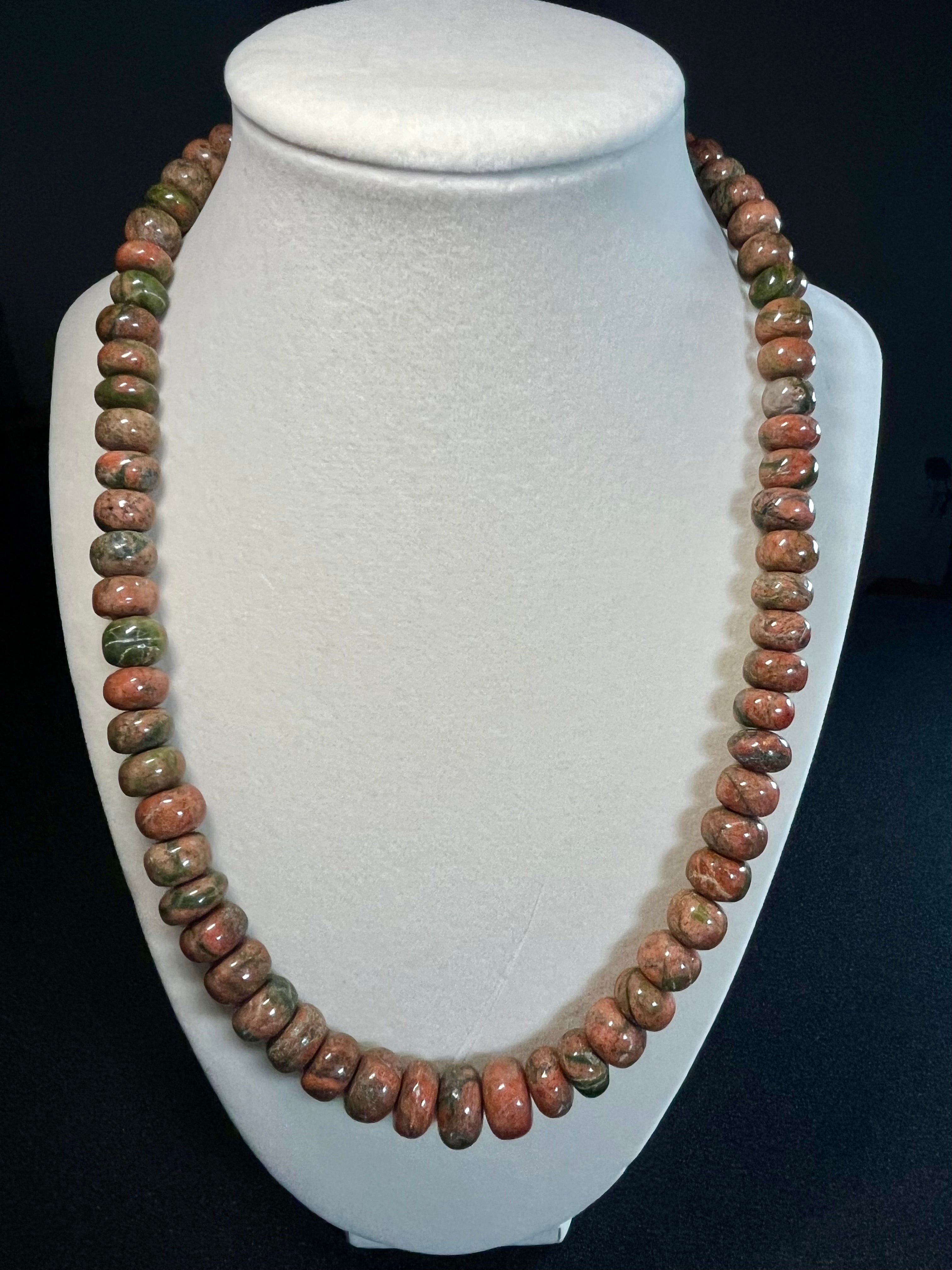 Unakite 5x6-6-9mm irregular rondelle bead silver clasp necklace