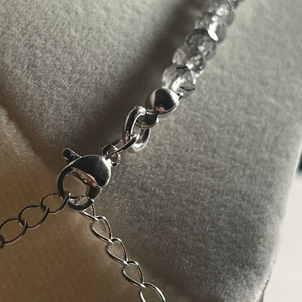 Black Tourmalated Quartz gradient color microfaceted round 4.5mm bead 22” adjustable necklace w/ silver clasp & chain