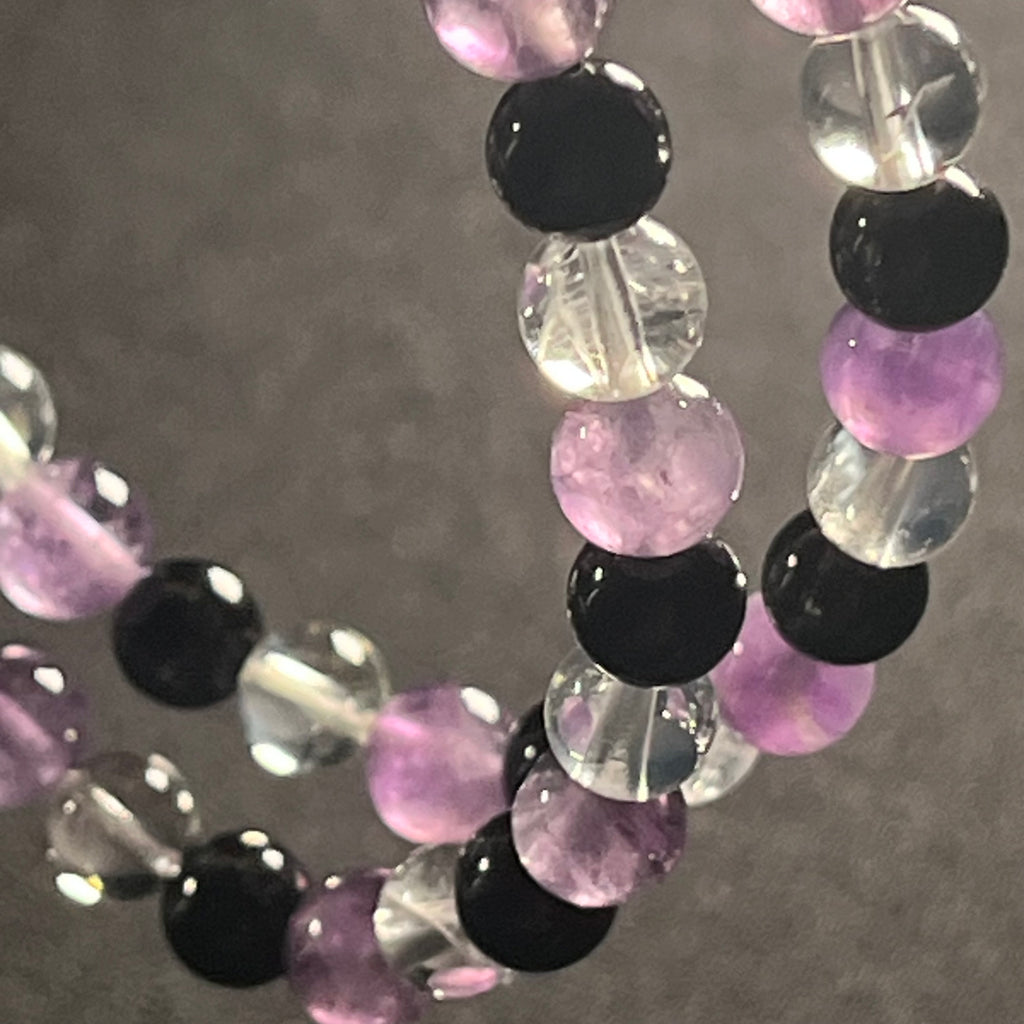 Amethyst, Black Tourmaline, & Rock Crystal Quartz smooth round 6mm bead stretch bracelet