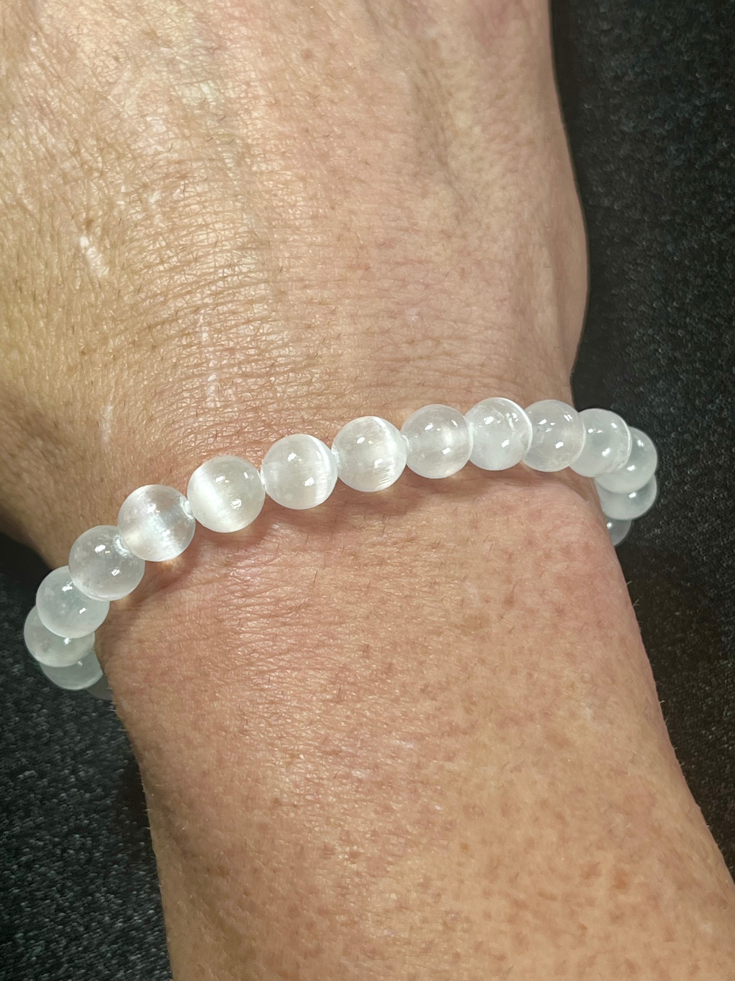 Satin Spar Selenite smooth round 6mm, 8mm bead stretch bracelet (premium grade)
