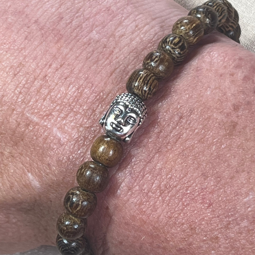 Philippines Robles Wood round 6mm bead stretch bracelet w/ silver Buddha focal