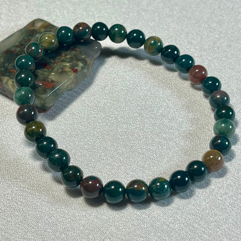 Bloodstone (Heliotrope) smooth round 6mm and 8mm bead stretch bracelet; alternative March birthstone