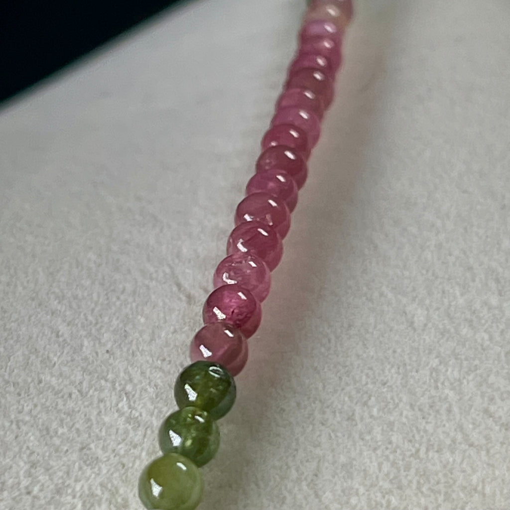 Multi Tourmaline ombre-style smooth round 4mm bead 23” necklace w/ 18k gold clasp & adjustable extension chain (premium grade); October birthstone