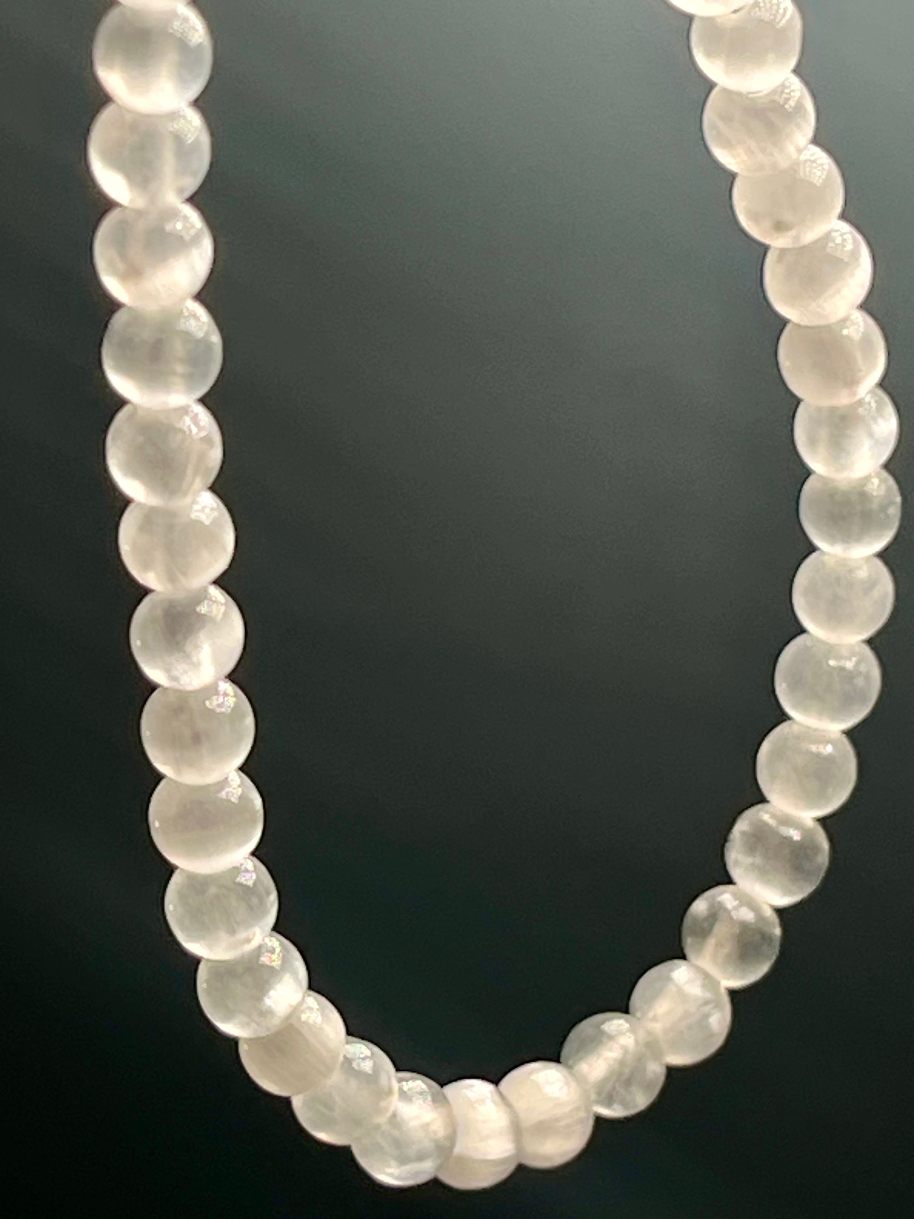Selenite smooth round 4mm bead silver clasp necklace (premium grade)