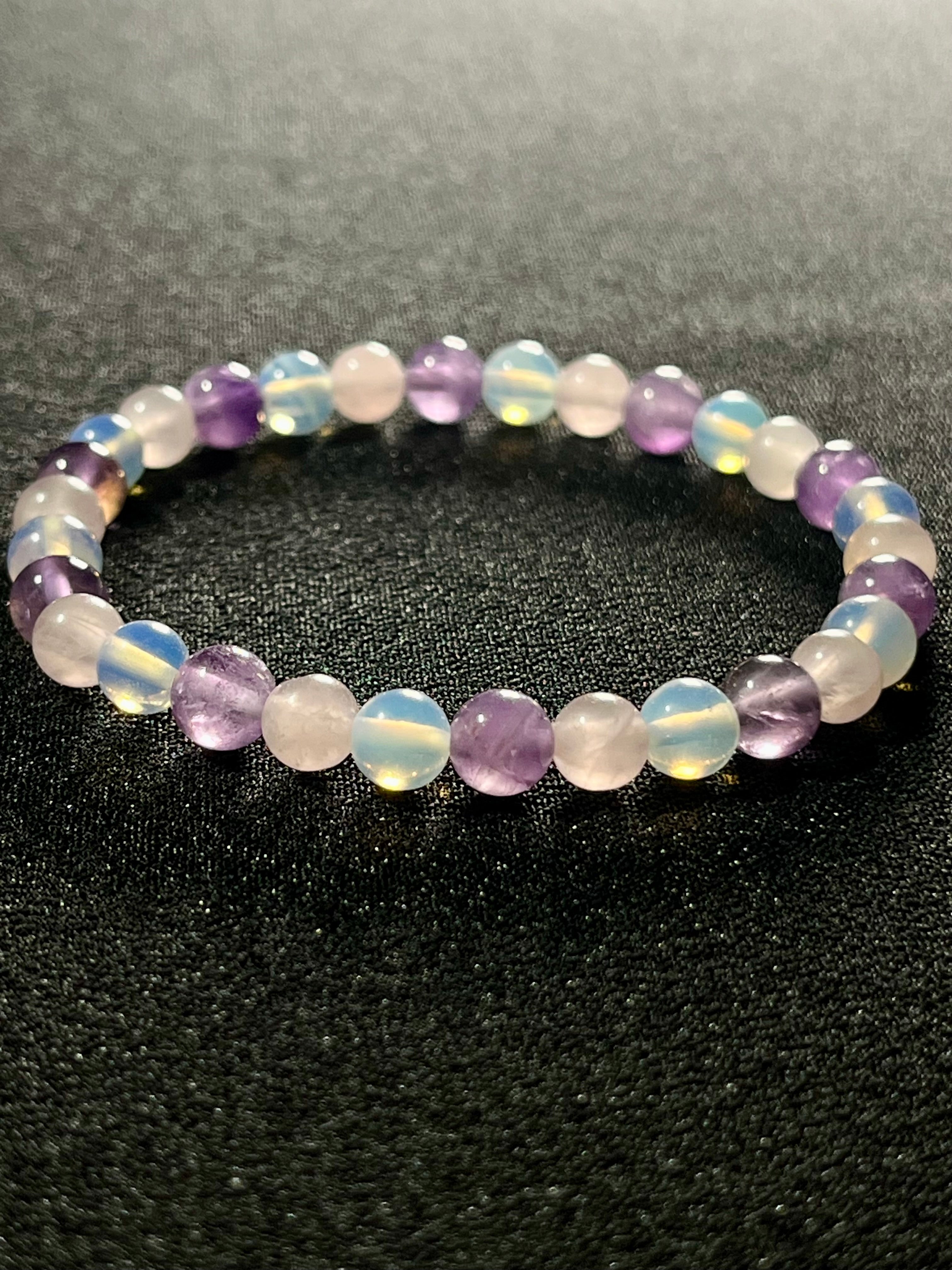 Rose Quartz, Amethyst, Opalite smooth round 6mm and 8mm bead stretch bracelet
